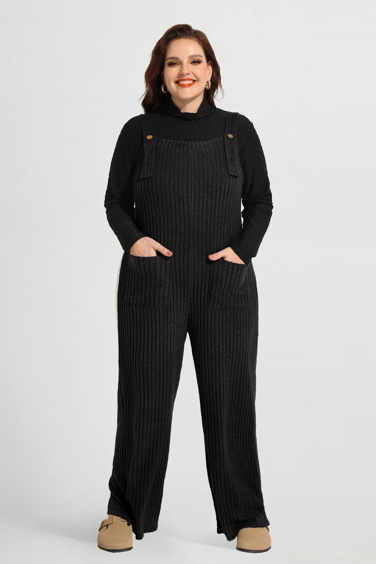 Solid Adjustable Straps Wide Leg Pocket Knit Jumpsuit