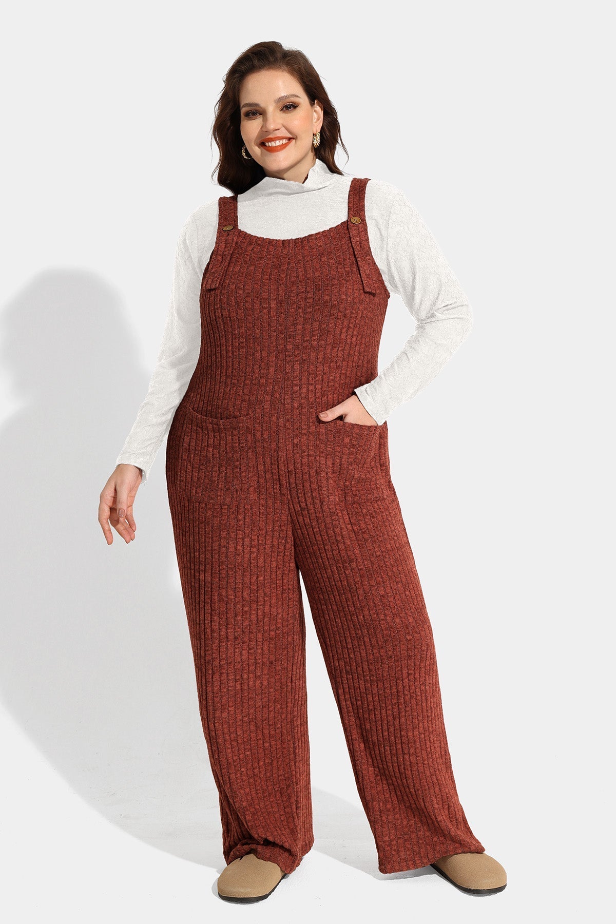 Solid Knit Wide Leg Jumpsuit with Adjustable Straps and Pockets
