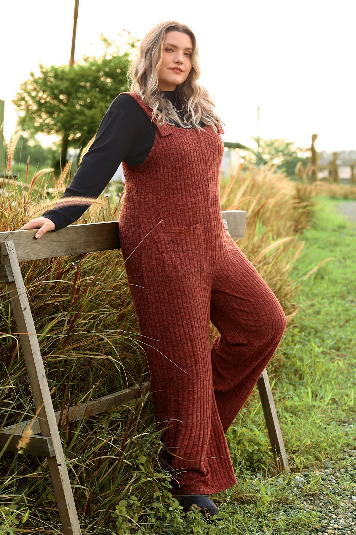 Solid Knit Wide Leg Jumpsuit with Adjustable Straps and Pockets