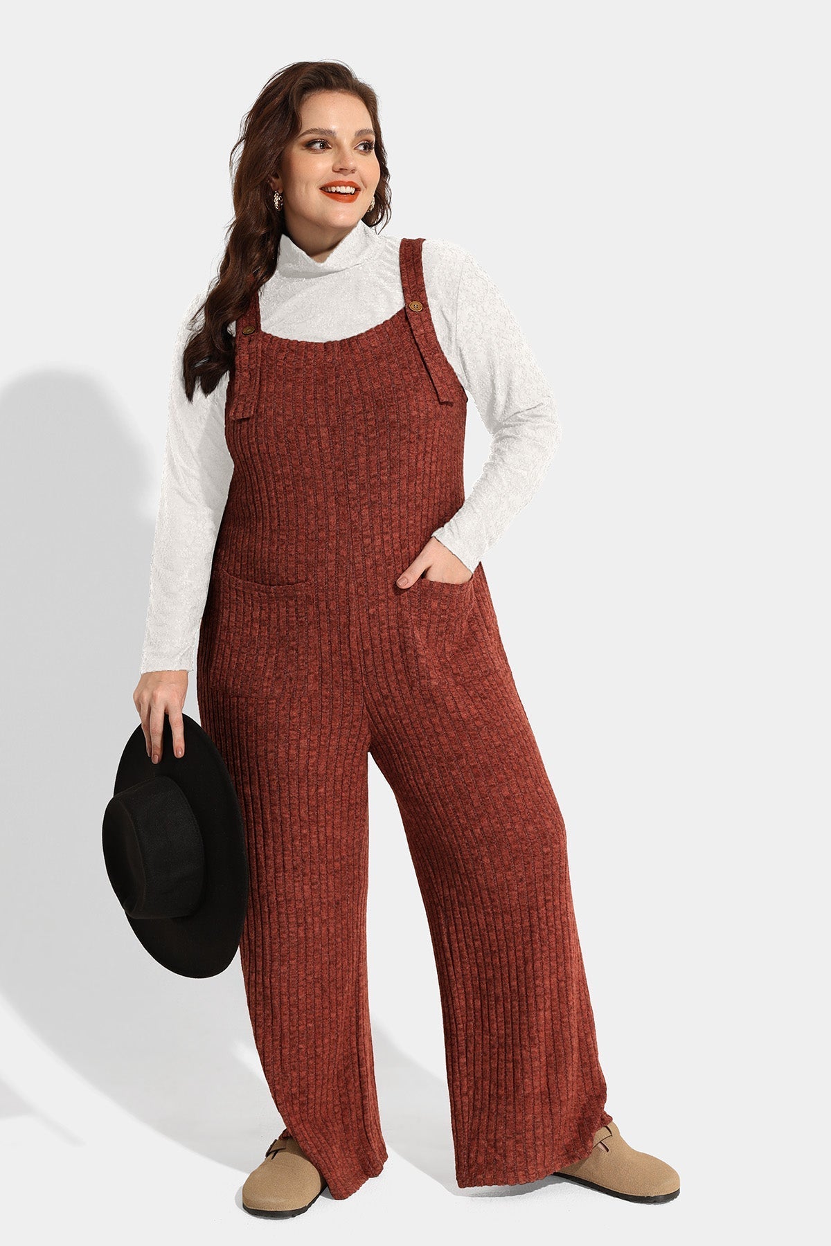 Solid Knit Wide Leg Jumpsuit with Adjustable Straps and Pockets
