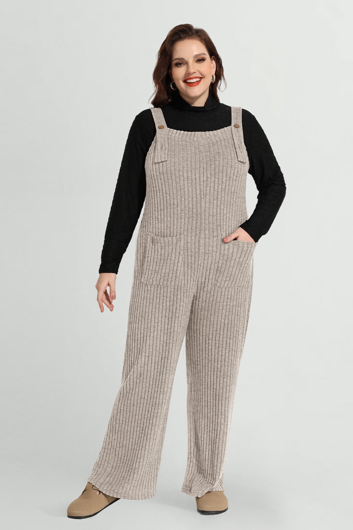 Solid Adjustable Straps Wide Leg Pocket Knit Jumpsuit