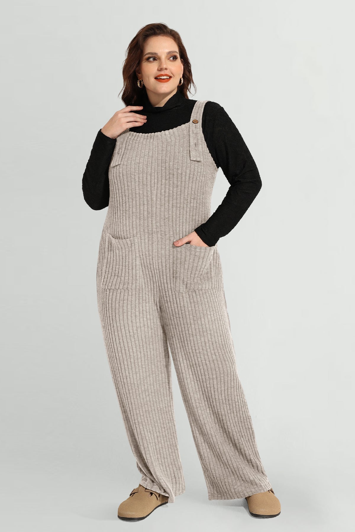 Solid Adjustable Straps Wide Leg Pocket Knit Jumpsuit