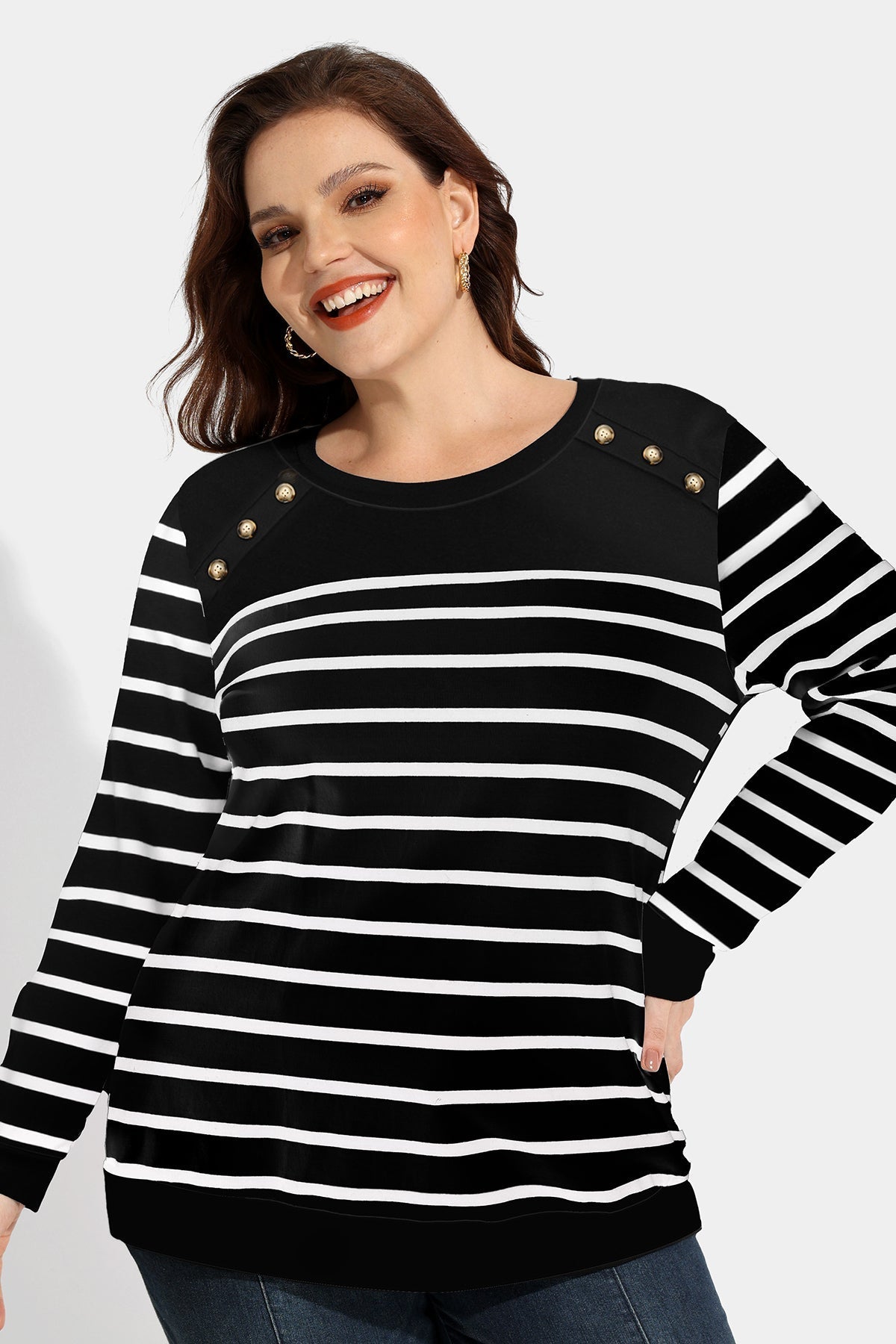 Colorblock Striped Button Detail Sweatshirt