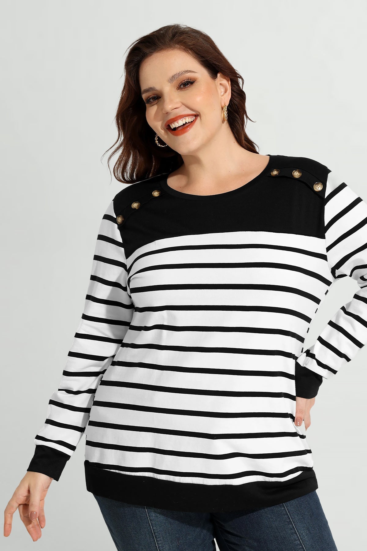 Colorblock Striped Button Detail Sweatshirt