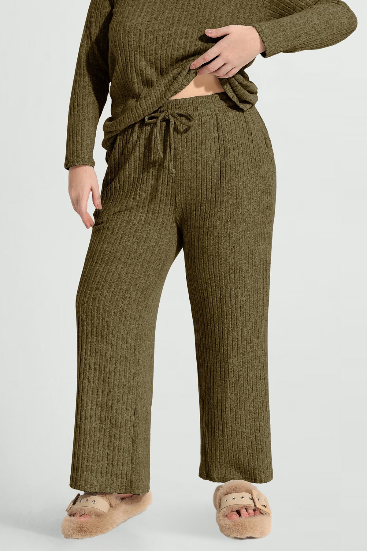 Drawstring Elastic Waist Velvet Basic Pants