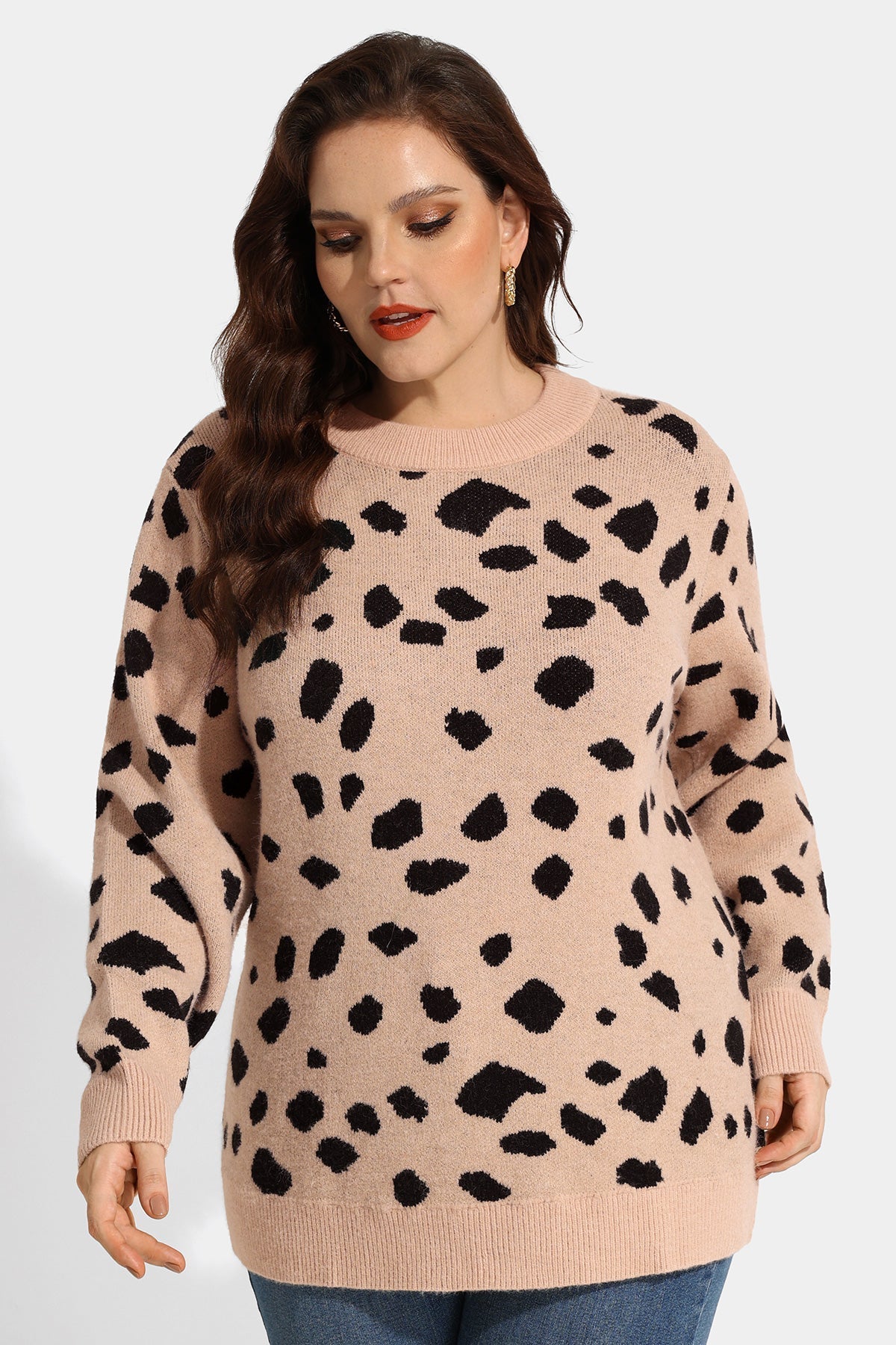 Leopard Print Long Sleeve Crewneck Knit Sweater