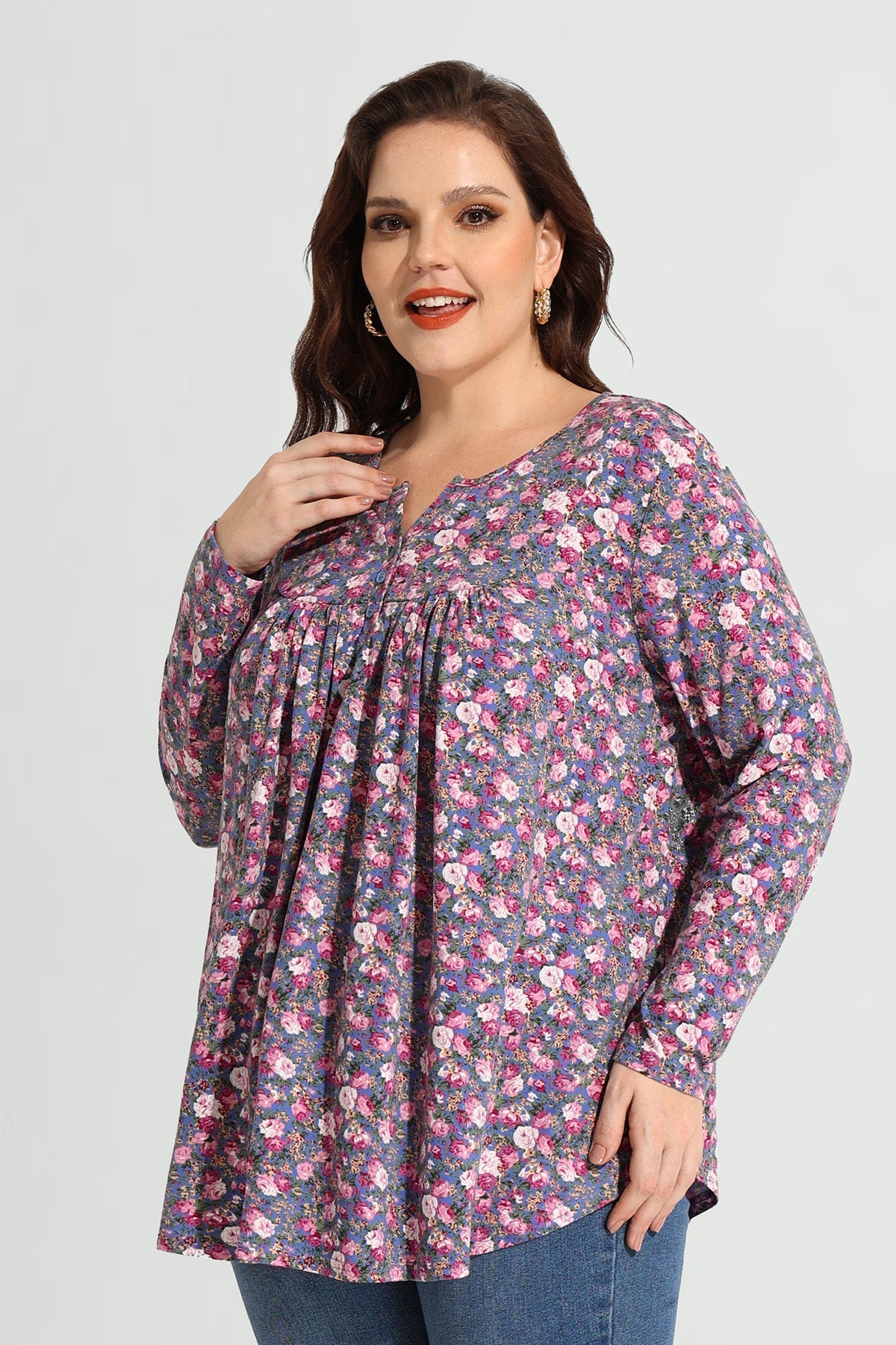 Ritera Allover Floral Sparkle Button Up Notched Neck Blouse