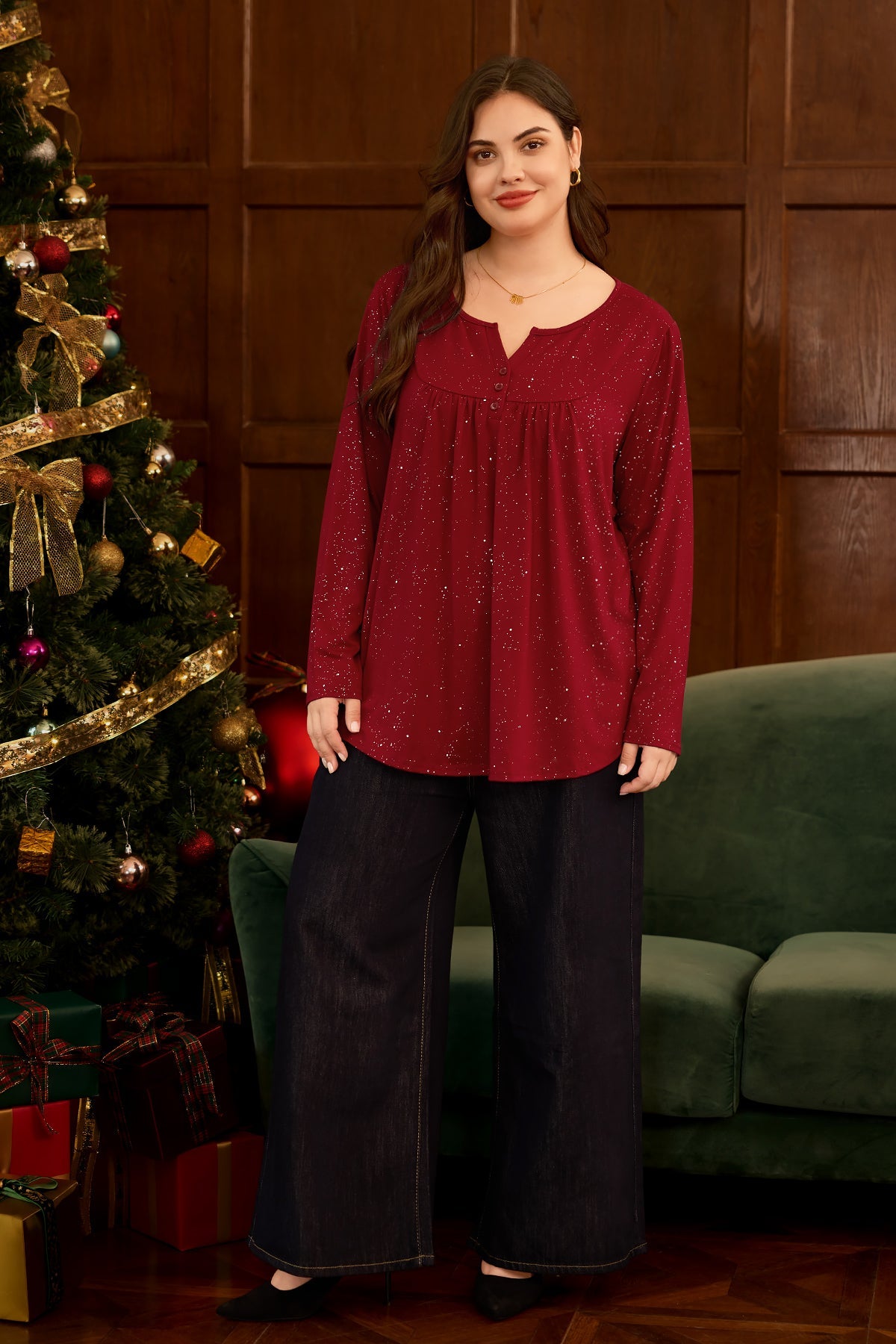 Ritera Allover Floral Sparkle Button Up Notched Neck Blouse