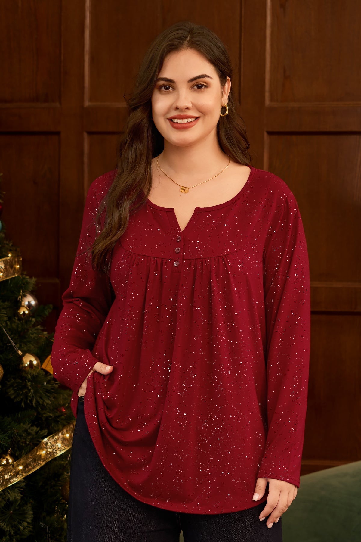 Ritera Allover Floral Sparkle Button Up Notched Neck Blouse