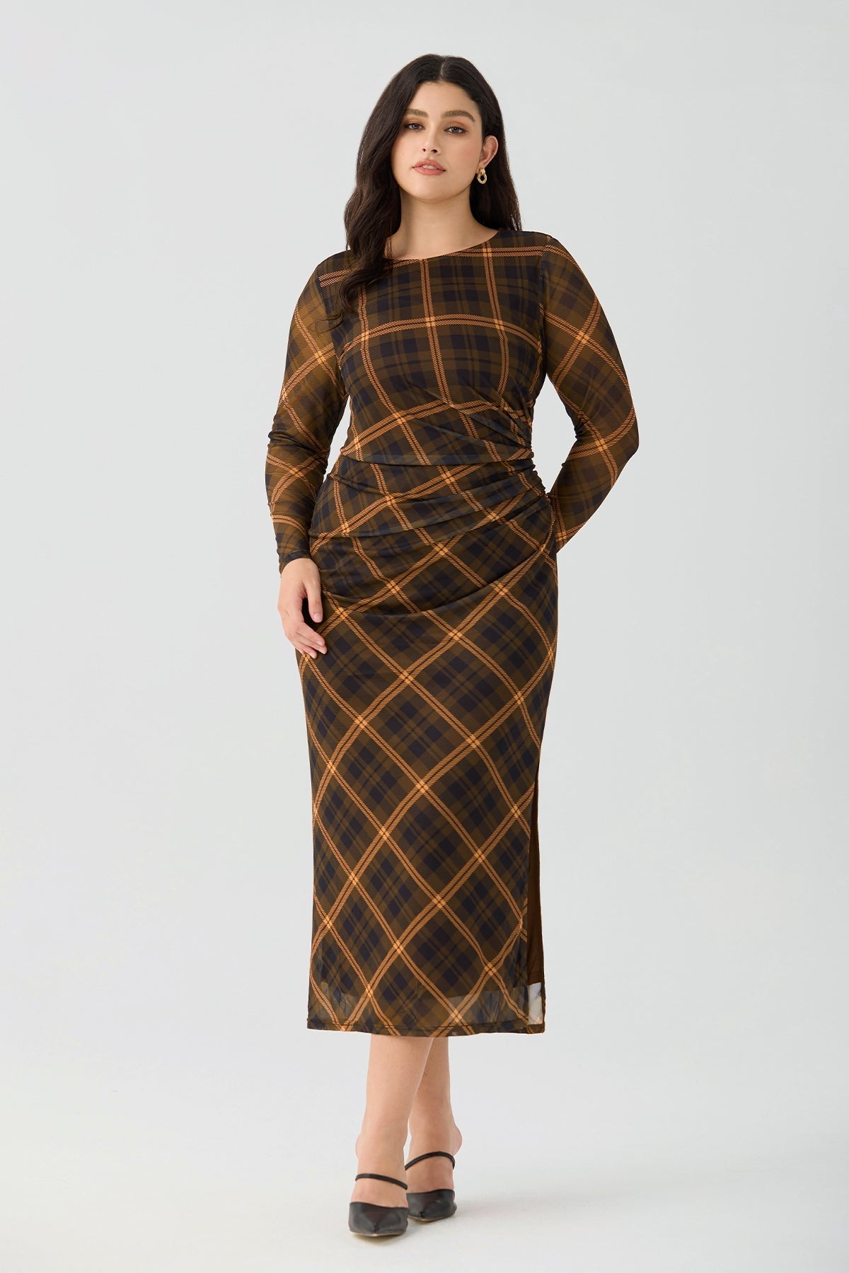 Ritera Plaid Ruched Chic Bodycon Cocktail Midi Dress