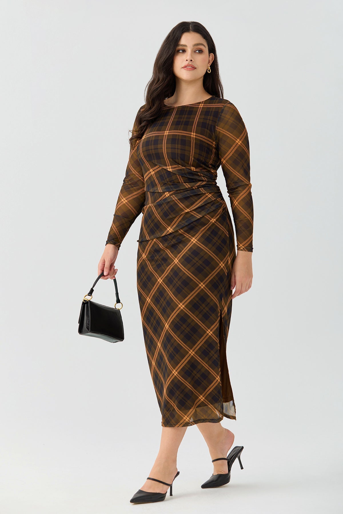 Ritera Plaid Ruched Chic Bodycon Cocktail Midi Dress