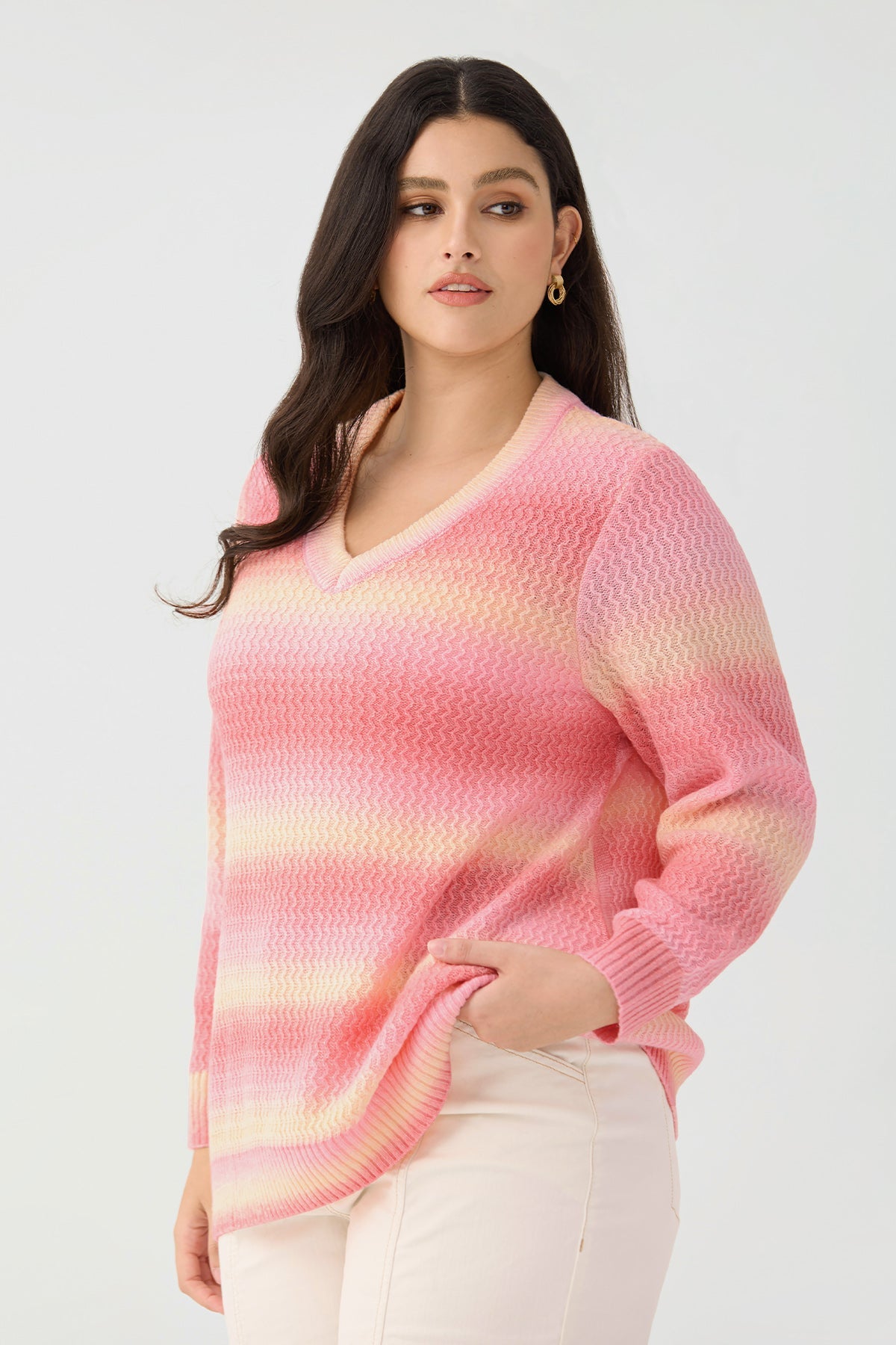Ritera Pastel Ombre V-Neck Sunset Knit Pullover Sweater