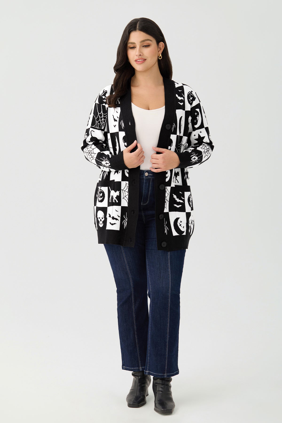 Ritera Pockets Halloween Checkerboard Kint Cardigan