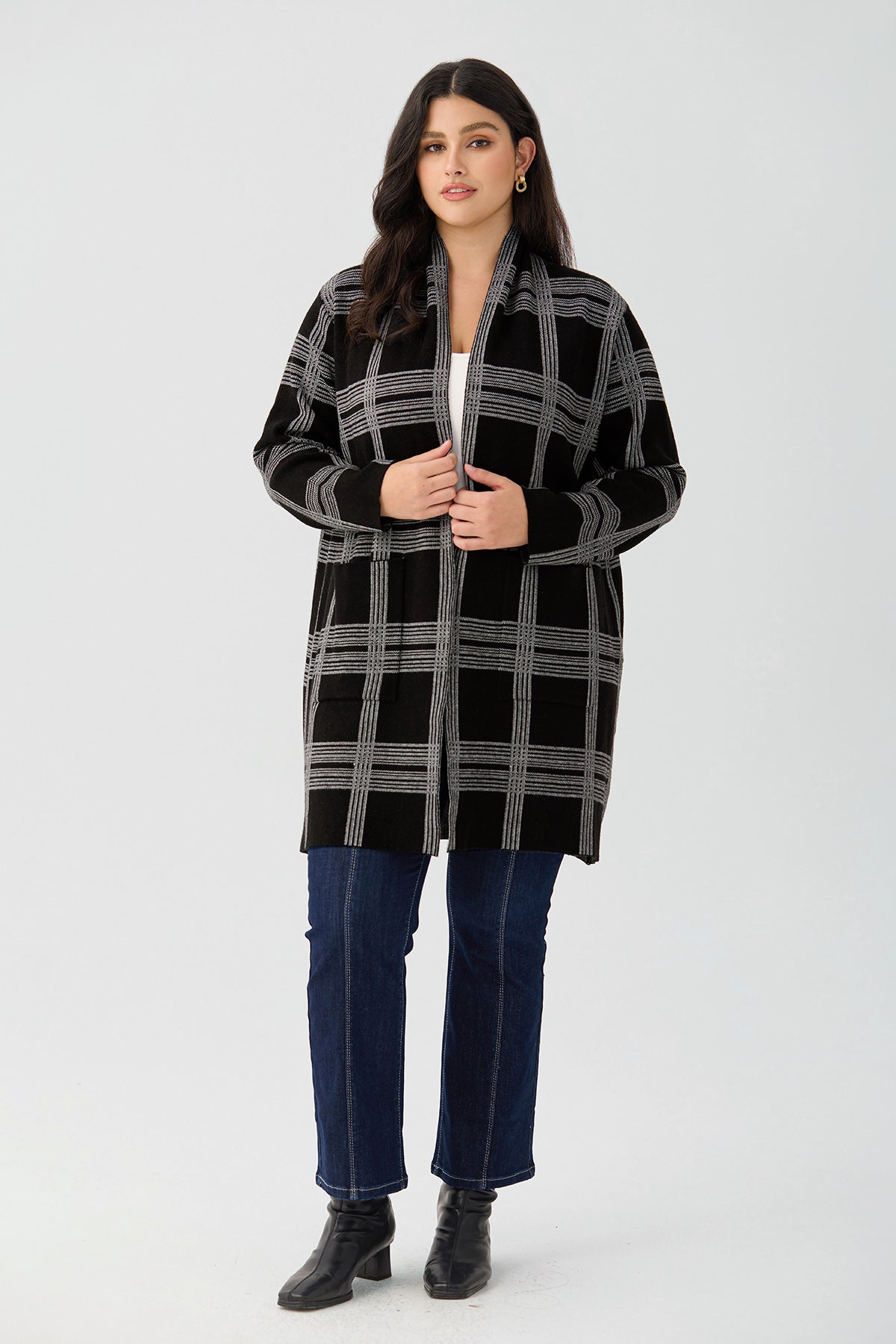 Ritera Pockets Long Plaid Open Front Knit Cardigan