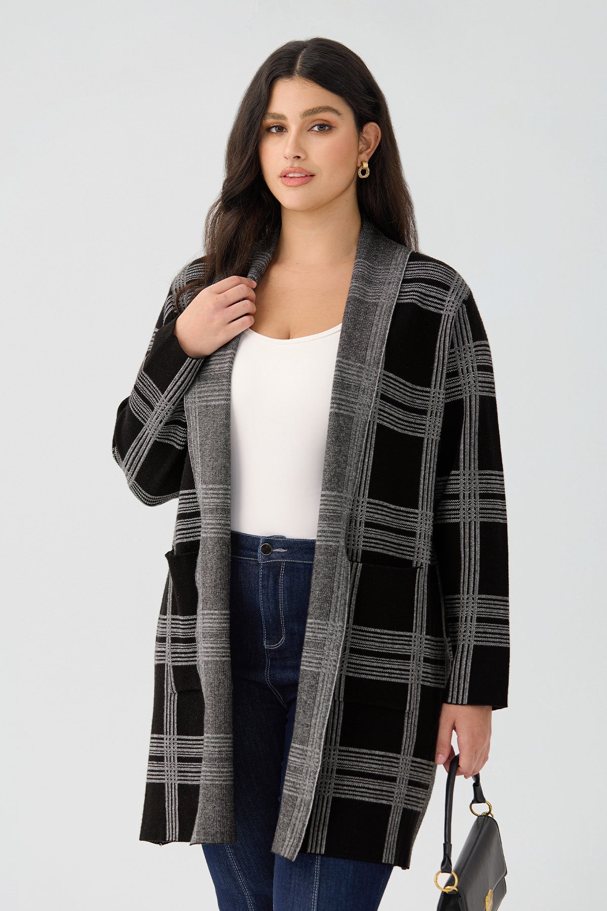 Ritera Pockets Long Plaid Open Front Knit Cardigan
