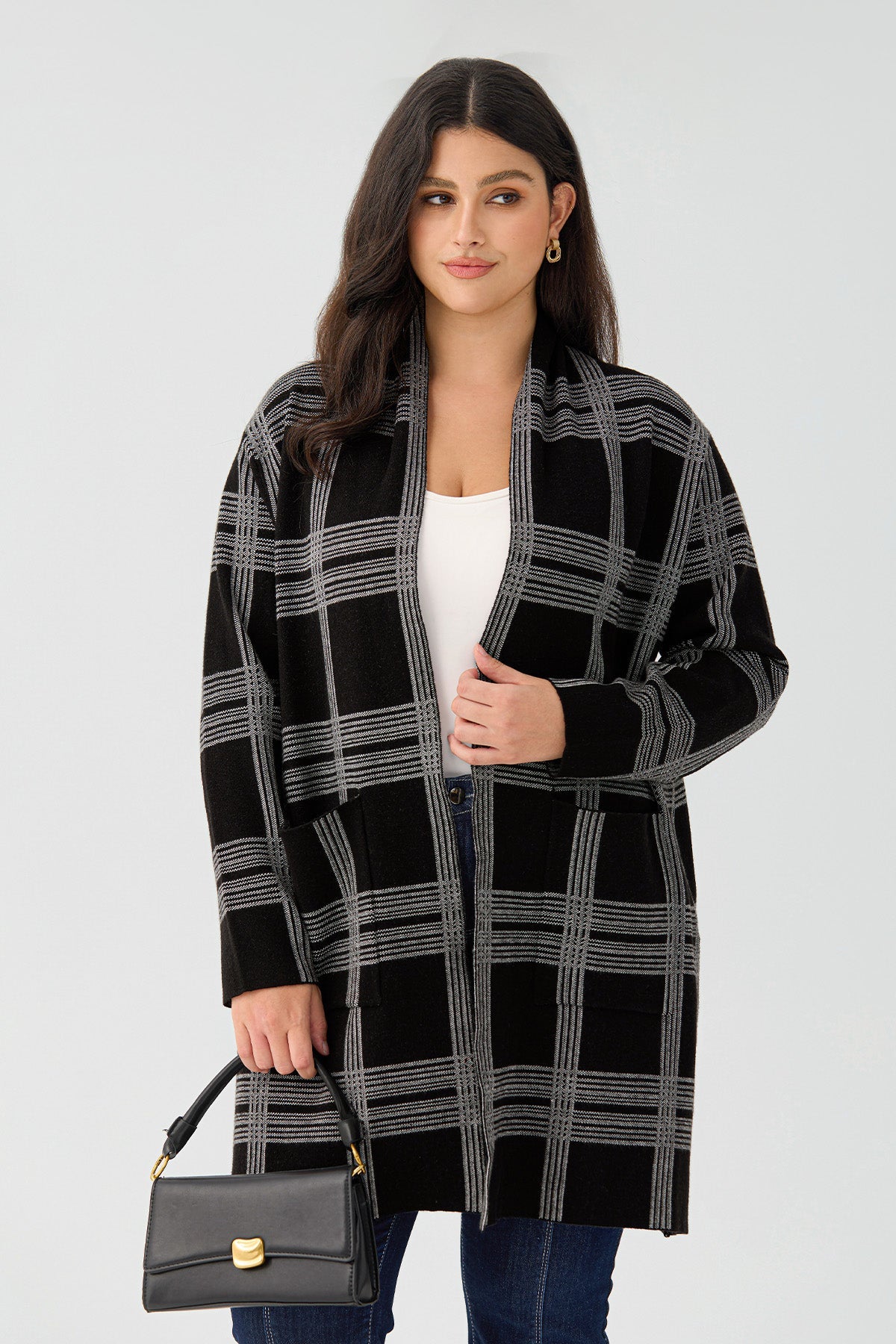 Ritera Pockets Long Plaid Open Front Knit Cardigan