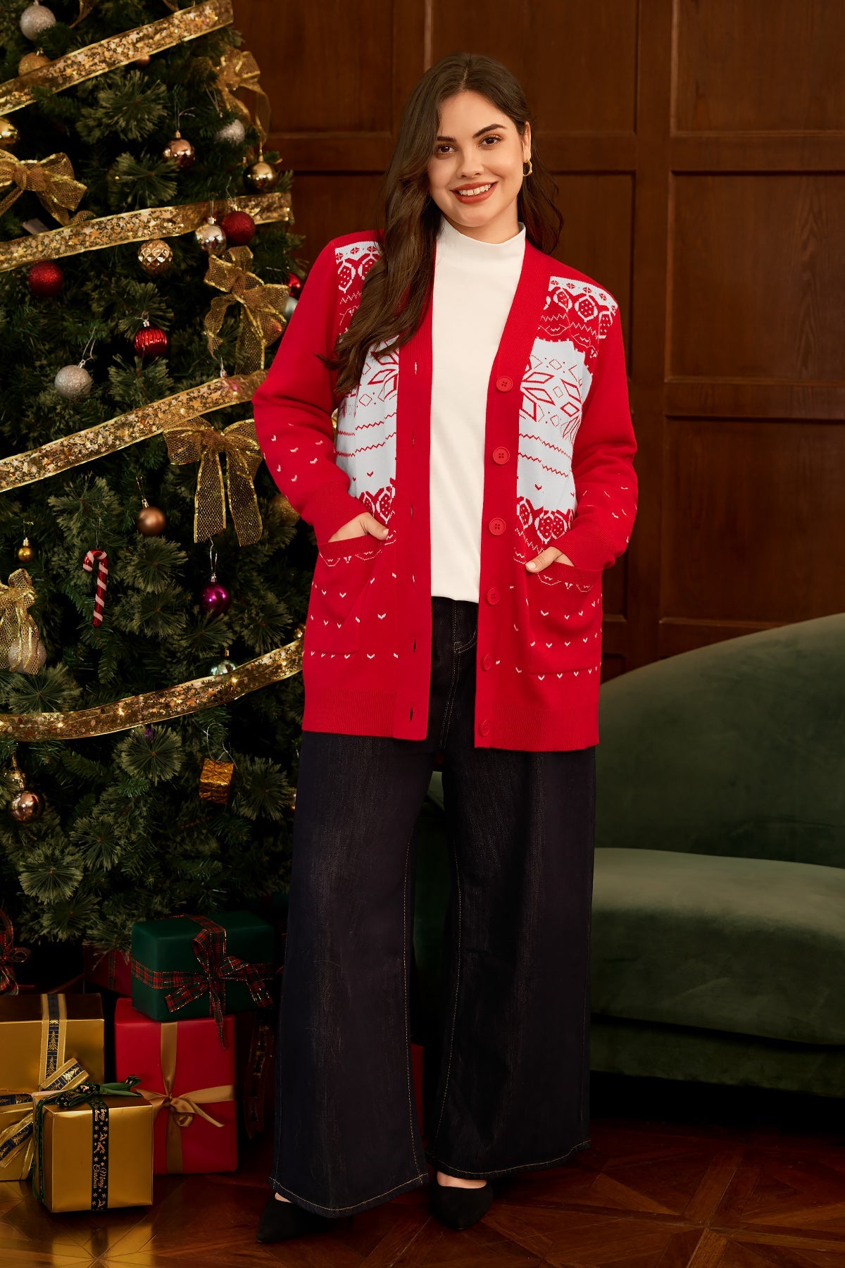 Ritera Pockets Festive Red Fair Isle Christmas Knit Cardigan