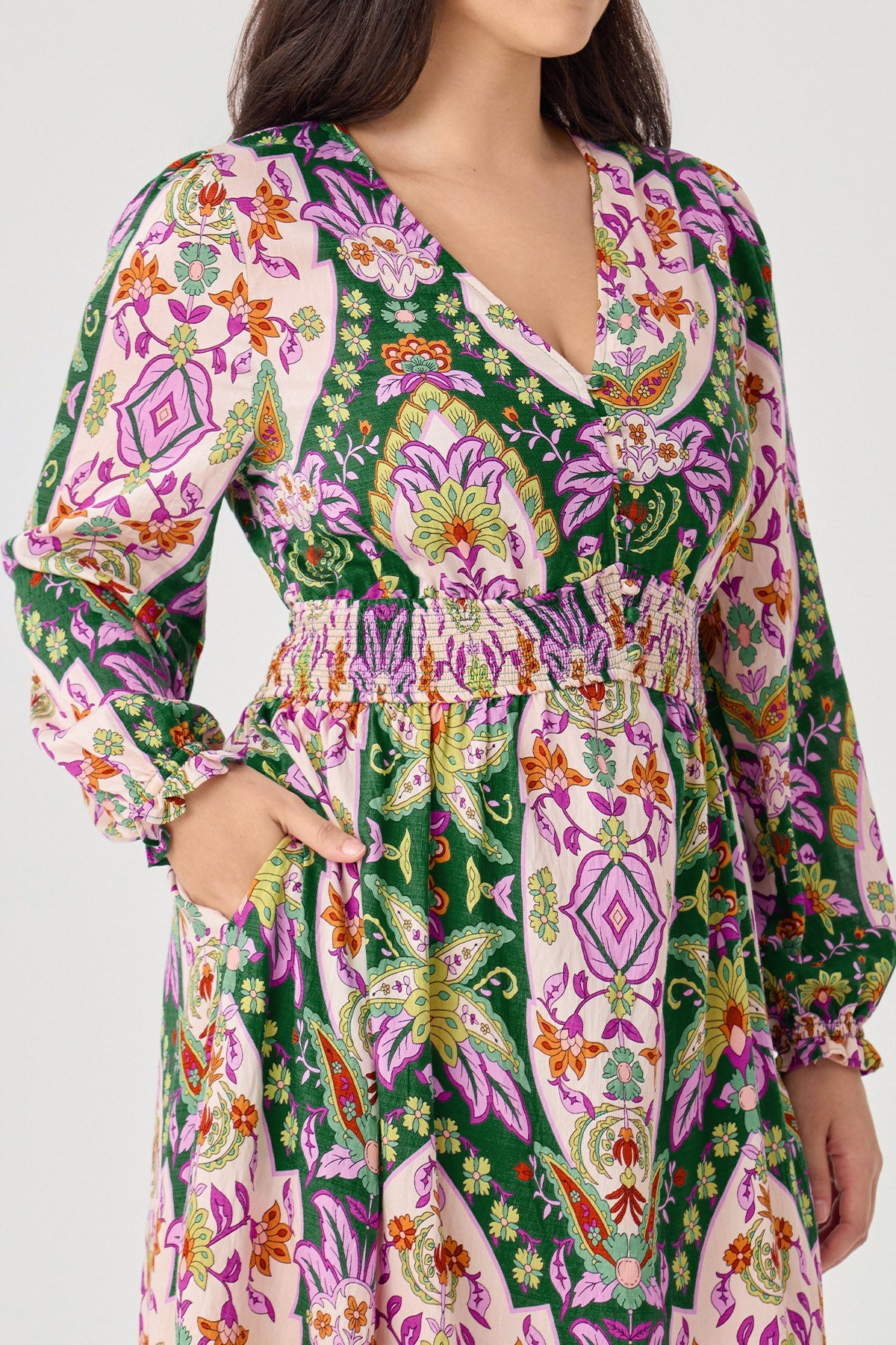 Ritera Pocket Boho Paisley Tiered Flowy Smocked Midi Dress