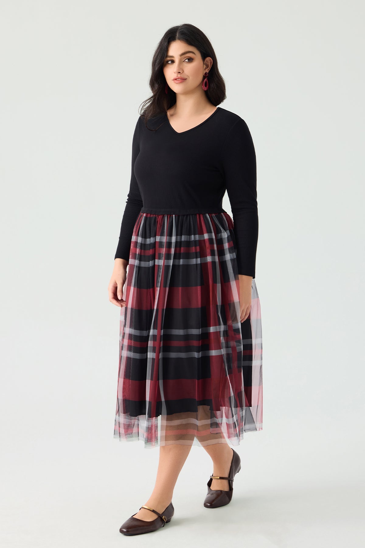 Plaid V-Neck Long Sleeve Midi Dress