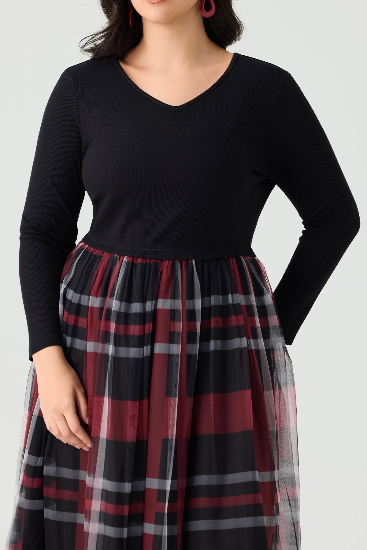 Plaid V-Neck Long Sleeve Midi Dress