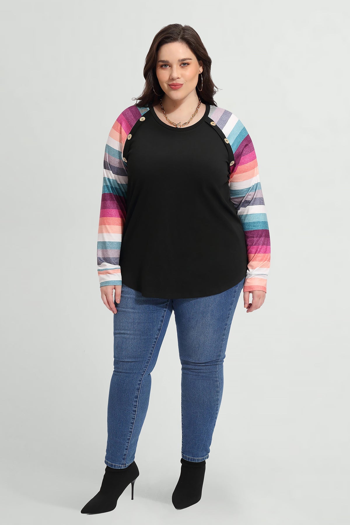 Raglan Rainbow Stripe Colorblock Crewneck T-Shirt