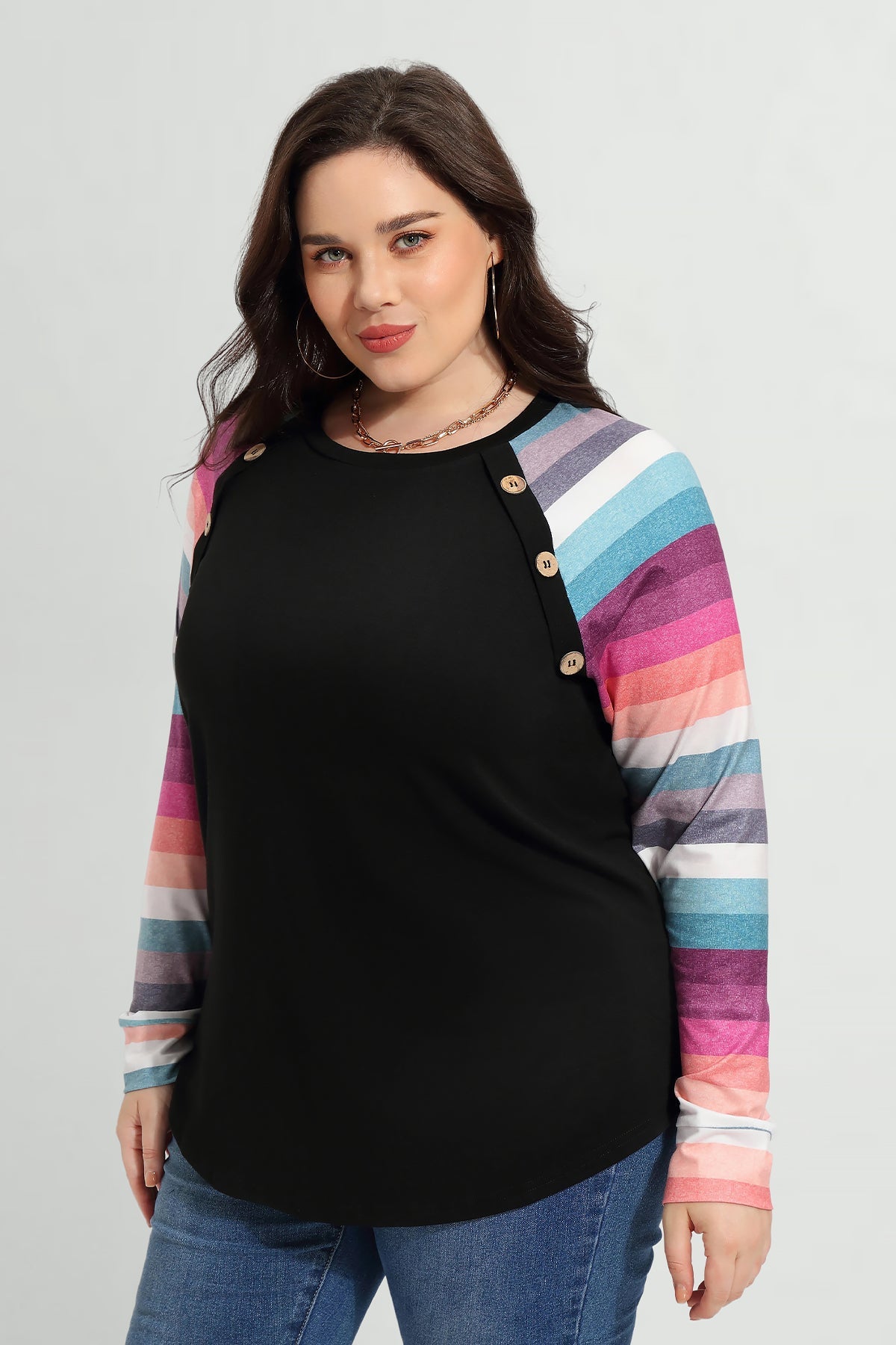 Raglan Rainbow Stripe Colorblock Crewneck T-Shirt