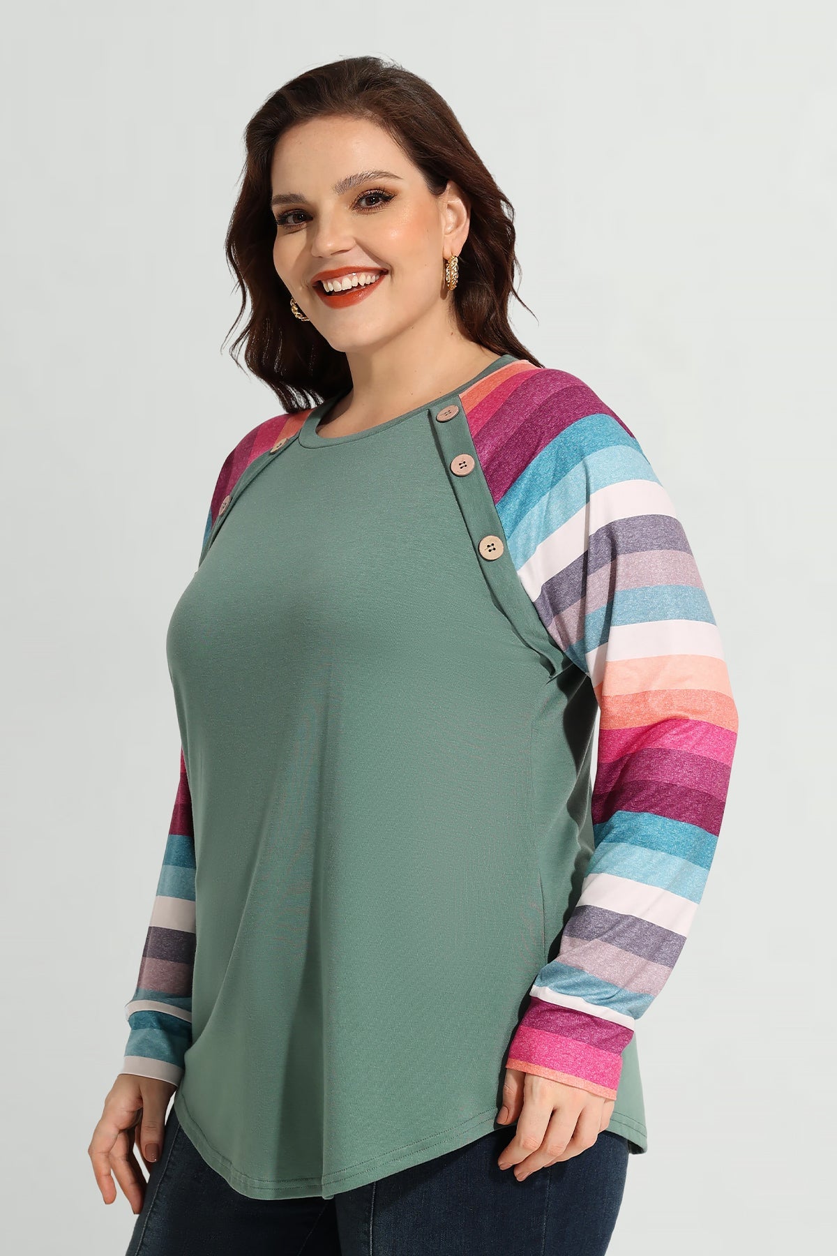 Raglan Rainbow Stripe Colorblock Crewneck T-Shirt