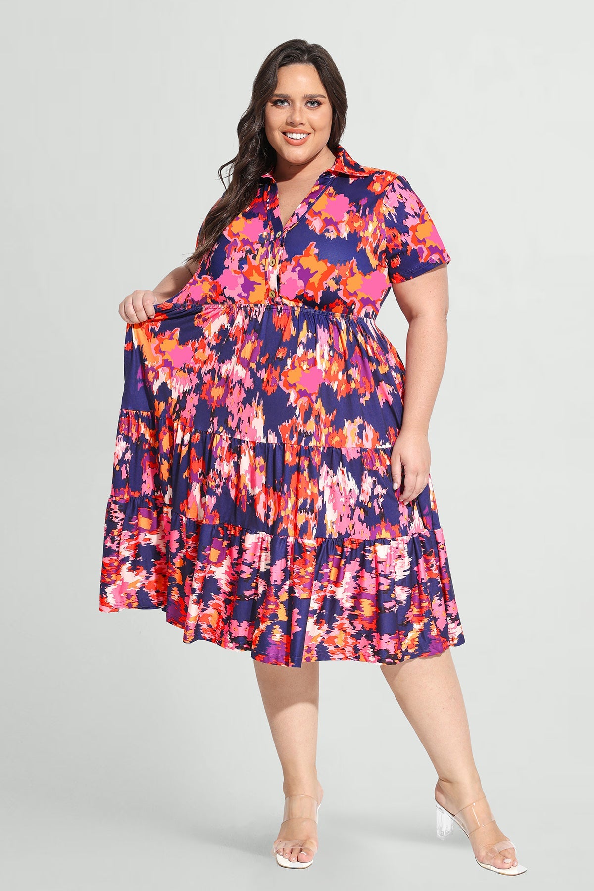 Ritera Pockets Vibrant Floral Polo Neck Tiered Midi Dress