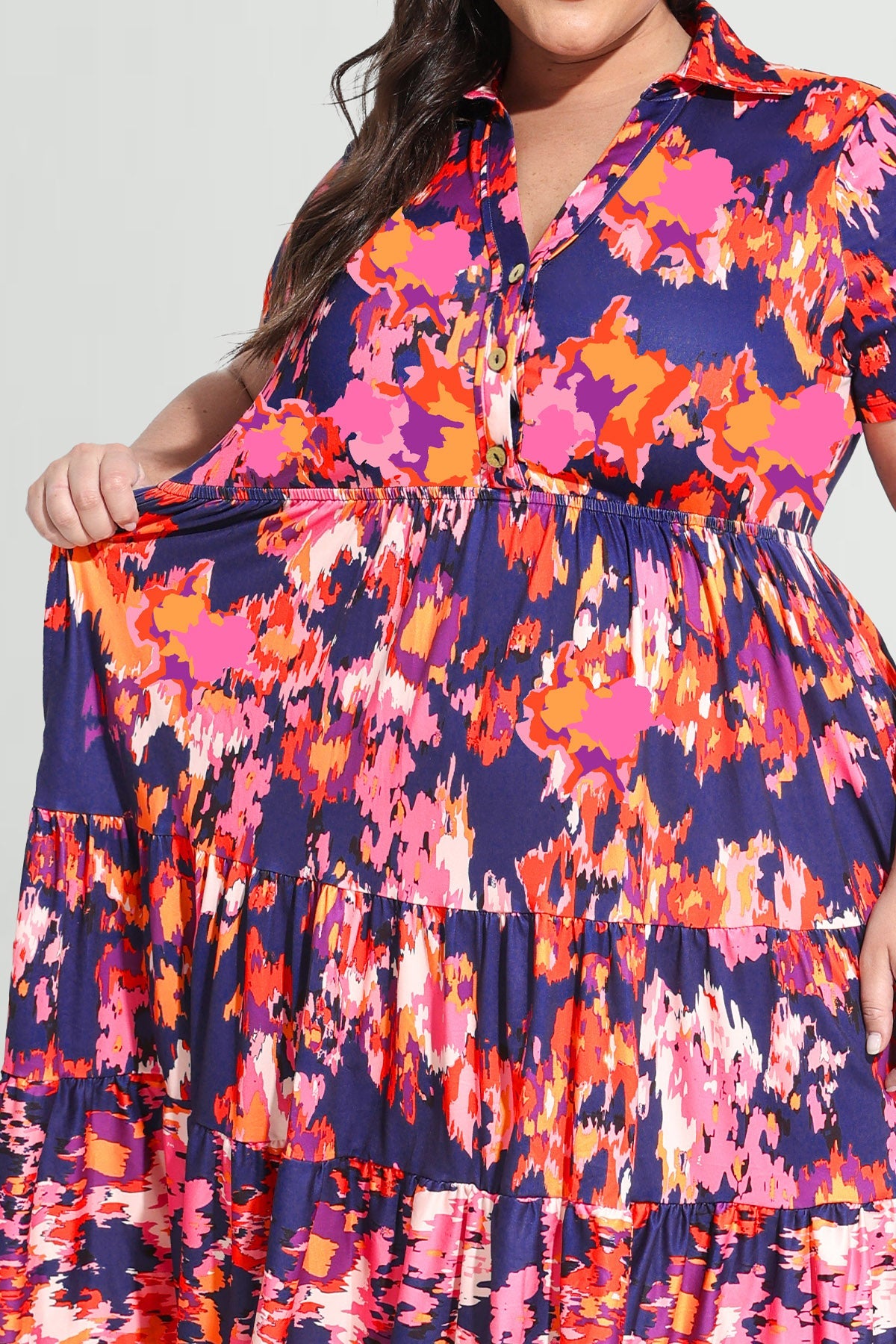 Ritera Pockets Vibrant Floral Polo Neck Tiered Midi Dress