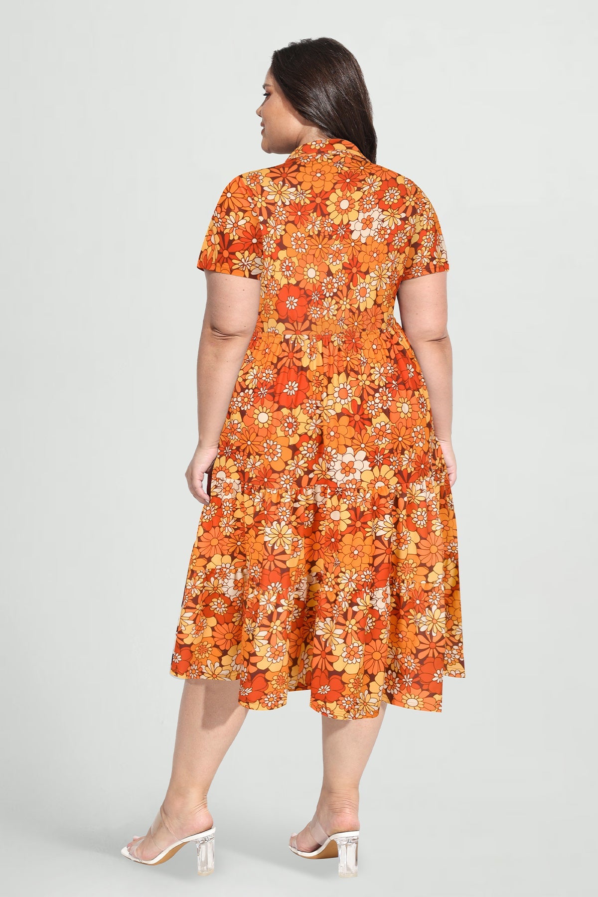 Pockets Elastic Floral Midi Shirt Dress