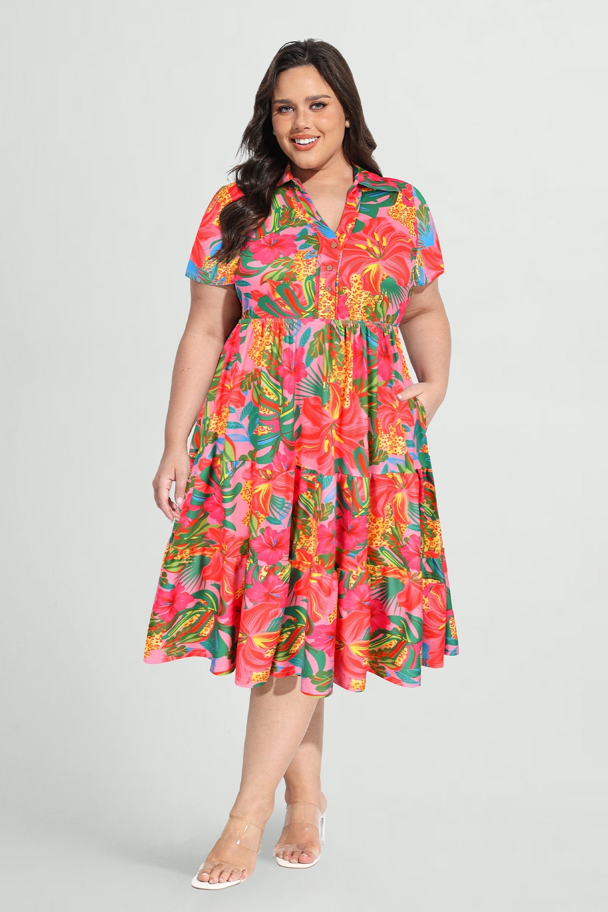 Pockets Elastic Floral Midi Shirt Dress