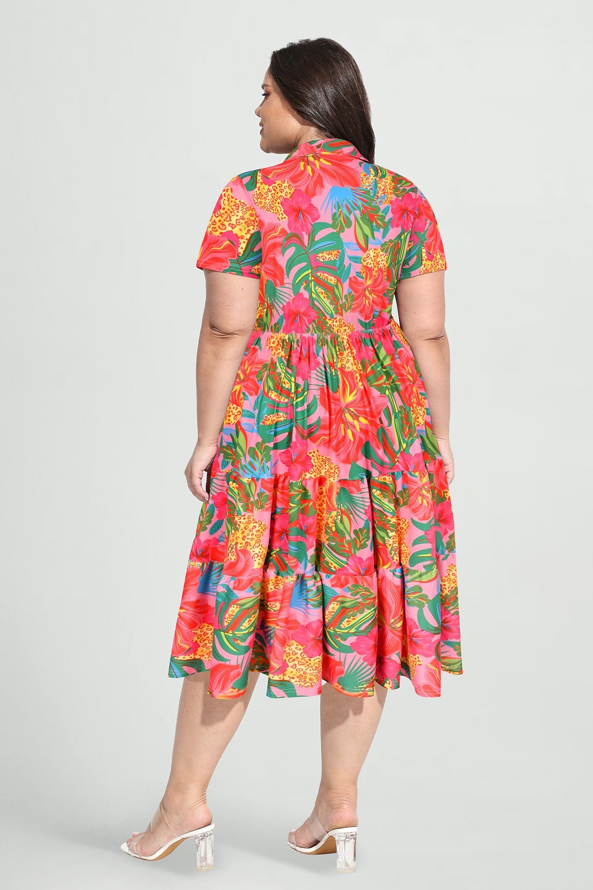 Ritera Pockets Vibrant Floral Polo Neck Tiered Midi Dress