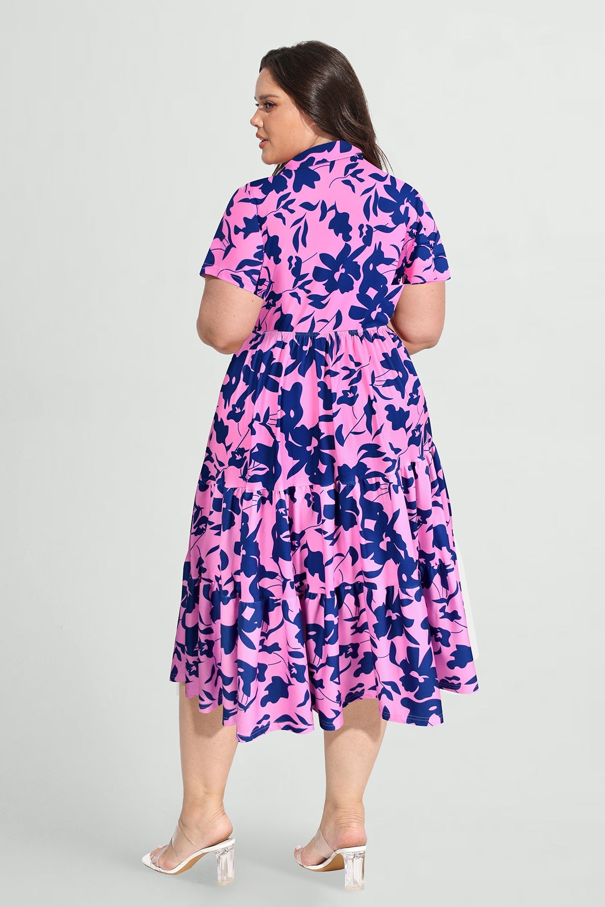 Pockets Elastic Floral Midi Shirt Dress