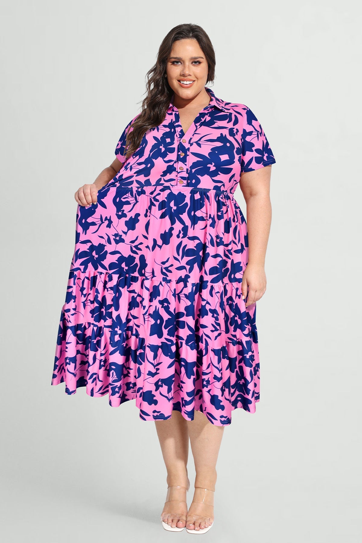 Ritera Pockets Vibrant Floral Polo Neck Tiered Midi Dress