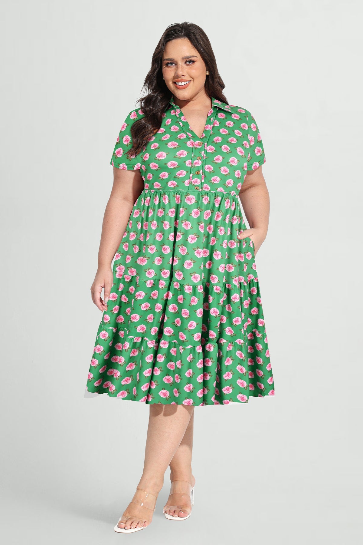 Ritera Pockets Vibrant Floral Polo Neck Tiered Midi Dress