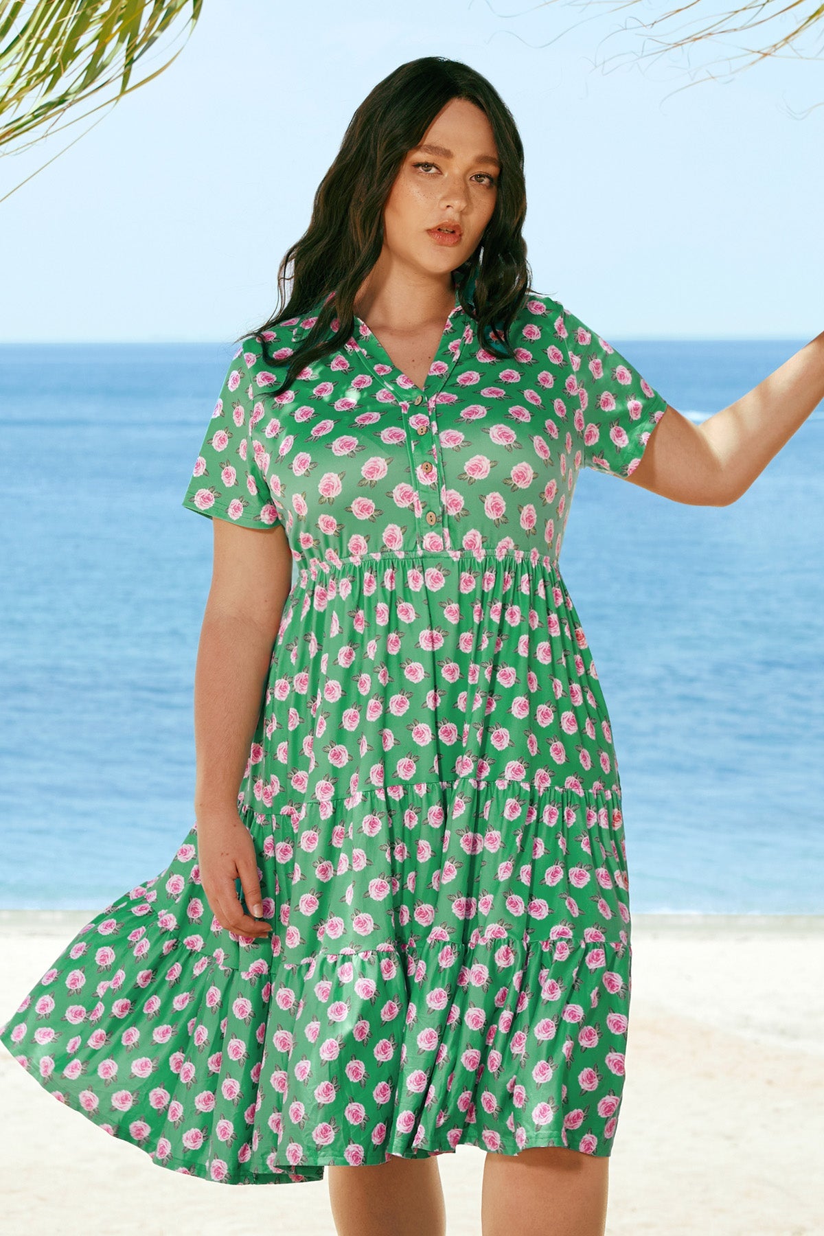 Ritera Pockets Tropical Floral Polo Neck Shirred Midi Dress