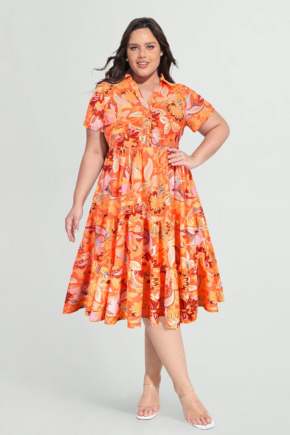 Pockets Elastic Floral Midi Shirt Dress