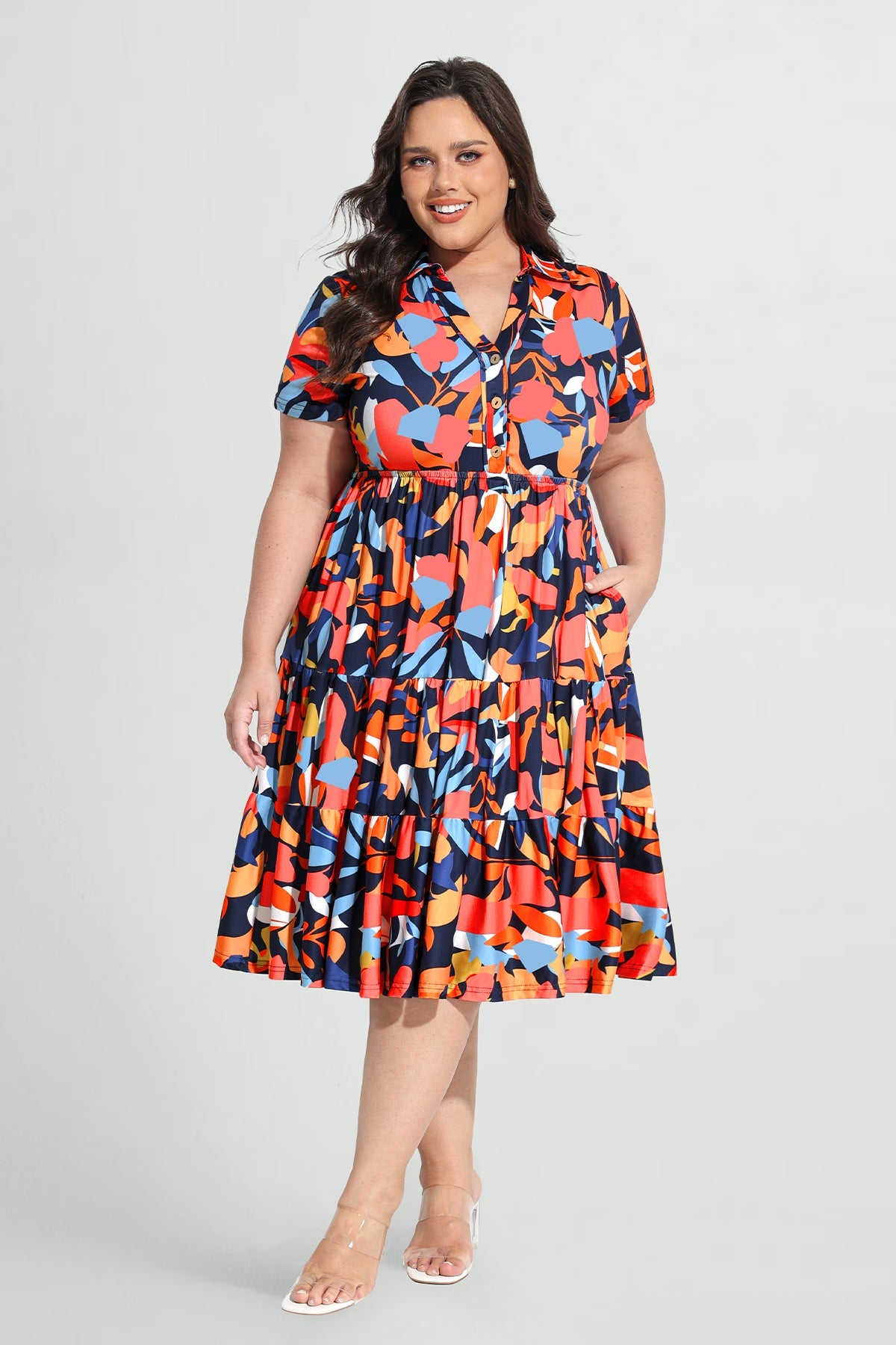 Ritera Pockets Tropical Floral Polo Neck Shirred Midi Dress