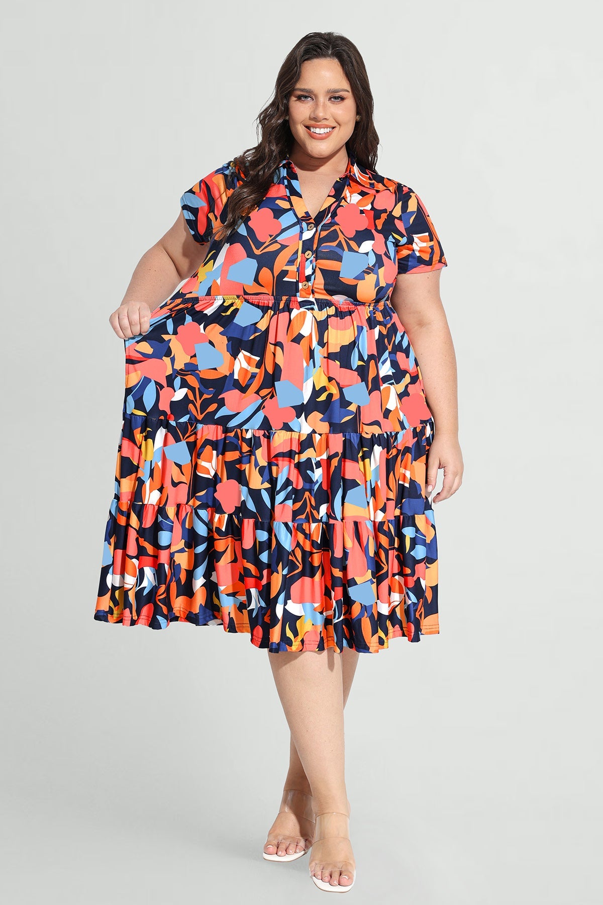 Ritera Pockets Tropical Floral Polo Neck Shirred Midi Dress