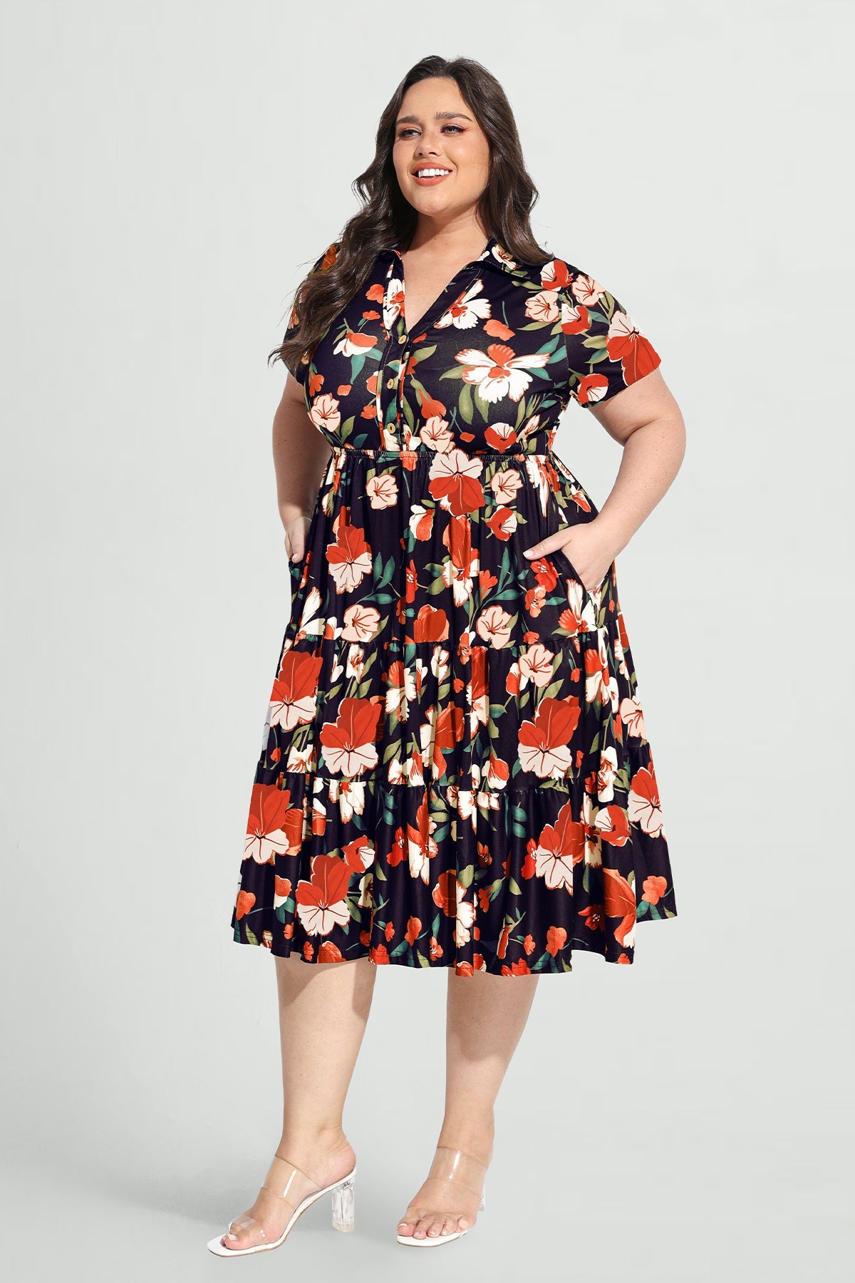 Ritera Pockets Striking Abstract Print Tiered Midi Dress