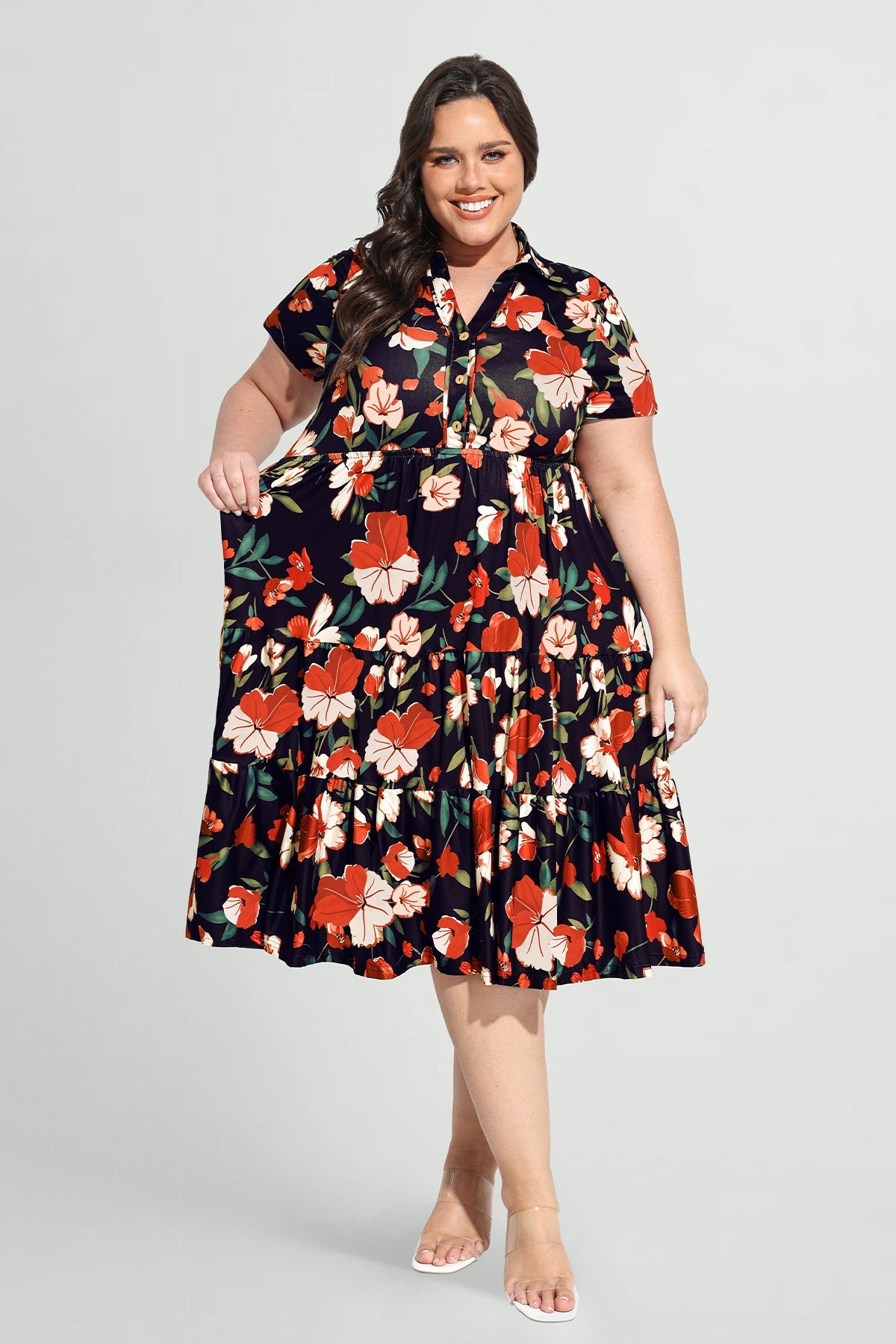Pockets Elastic Floral Midi Shirt Dress