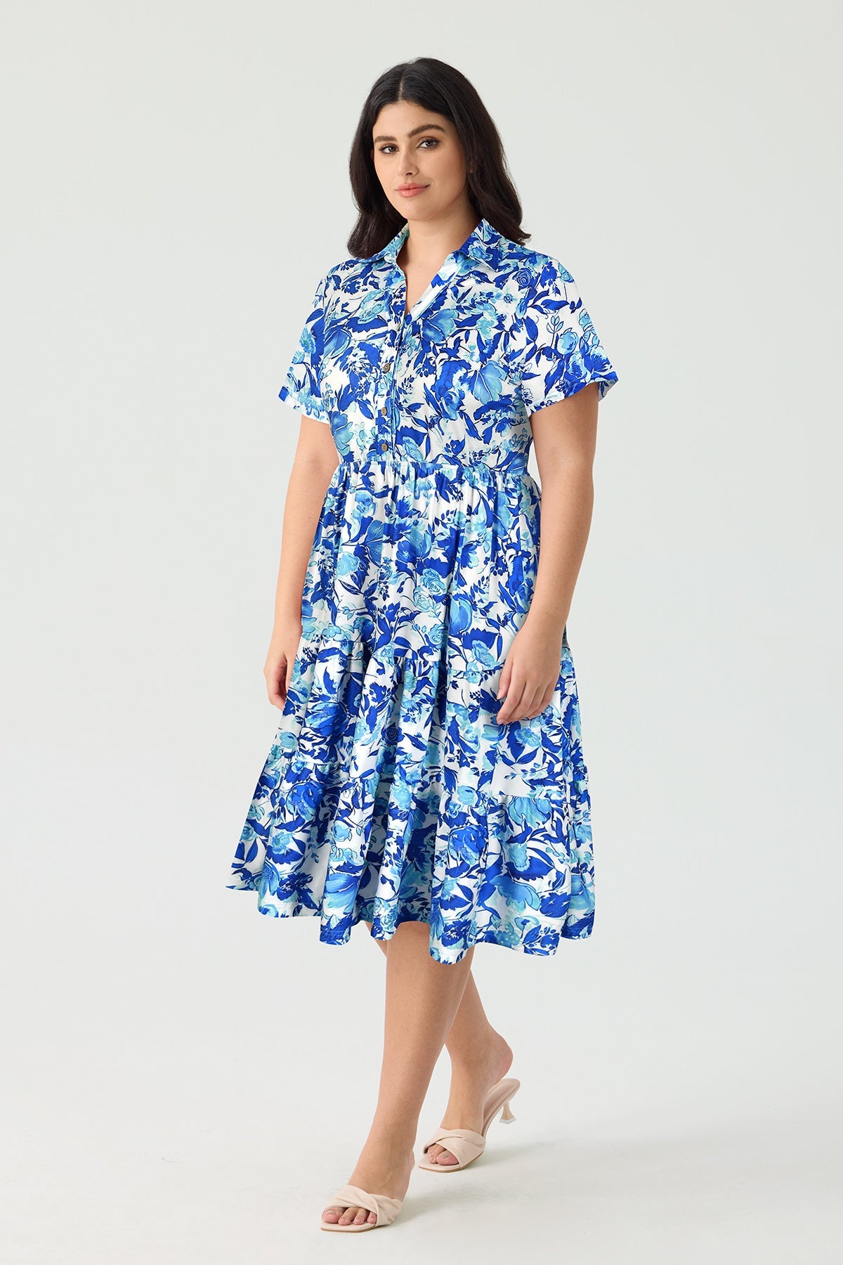 Ritera Pockets Vibrant Floral Polo Neck Tiered Midi Dress