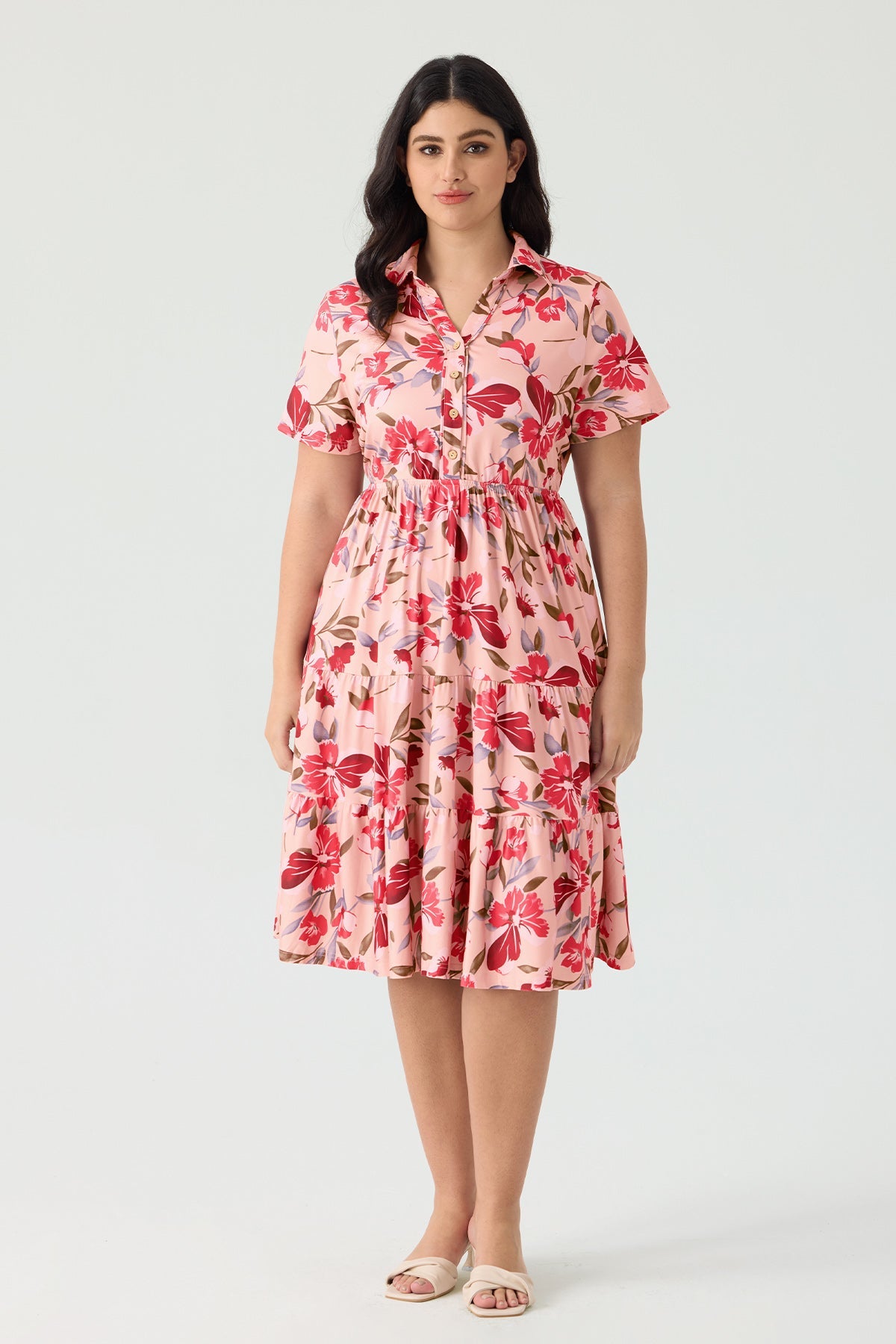 Ritera Pockets Vibrant Floral Polo Neck Tiered Midi Dress