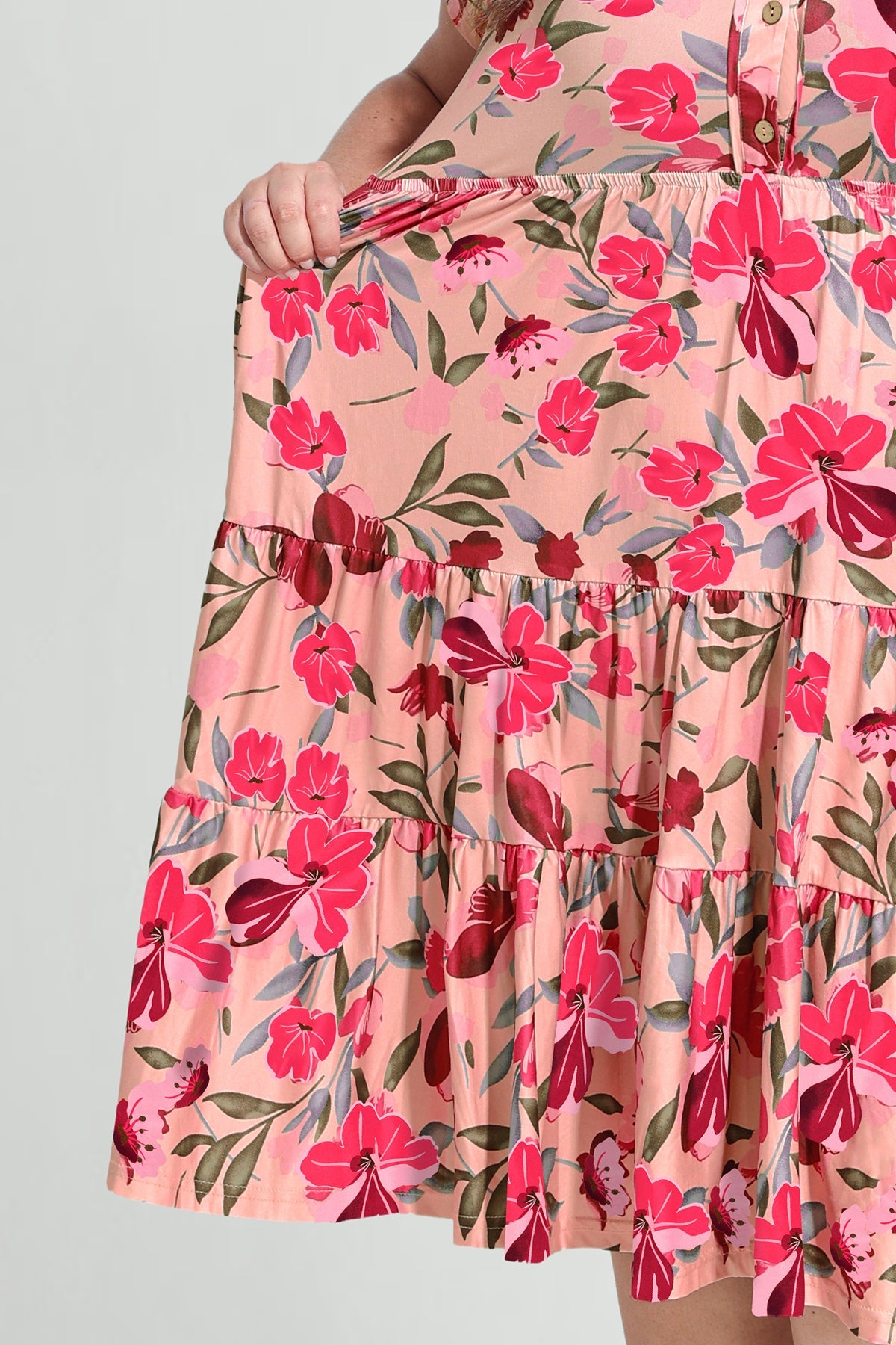 Pockets Elastic Floral Midi Shirt Dress