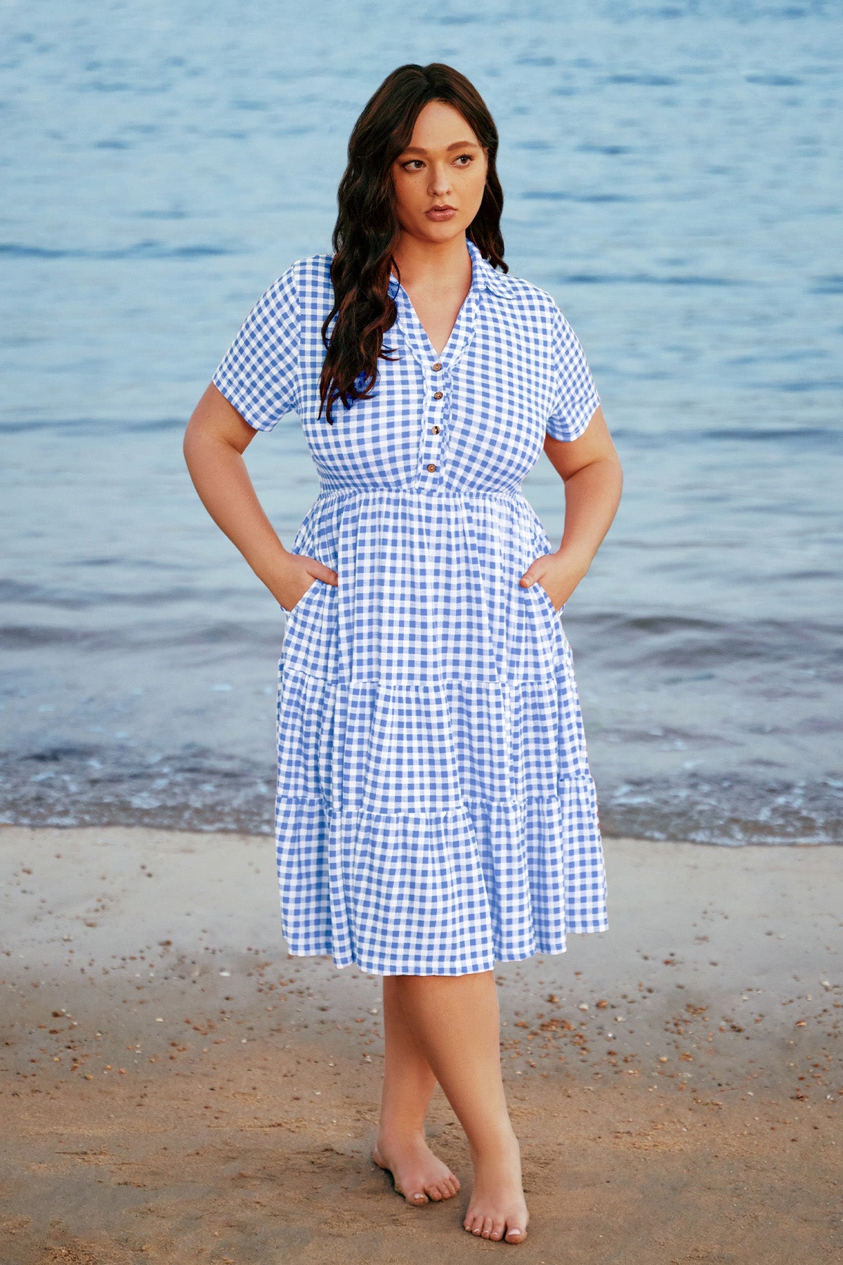 Pockets Elastic Floral Midi Shirt Dress