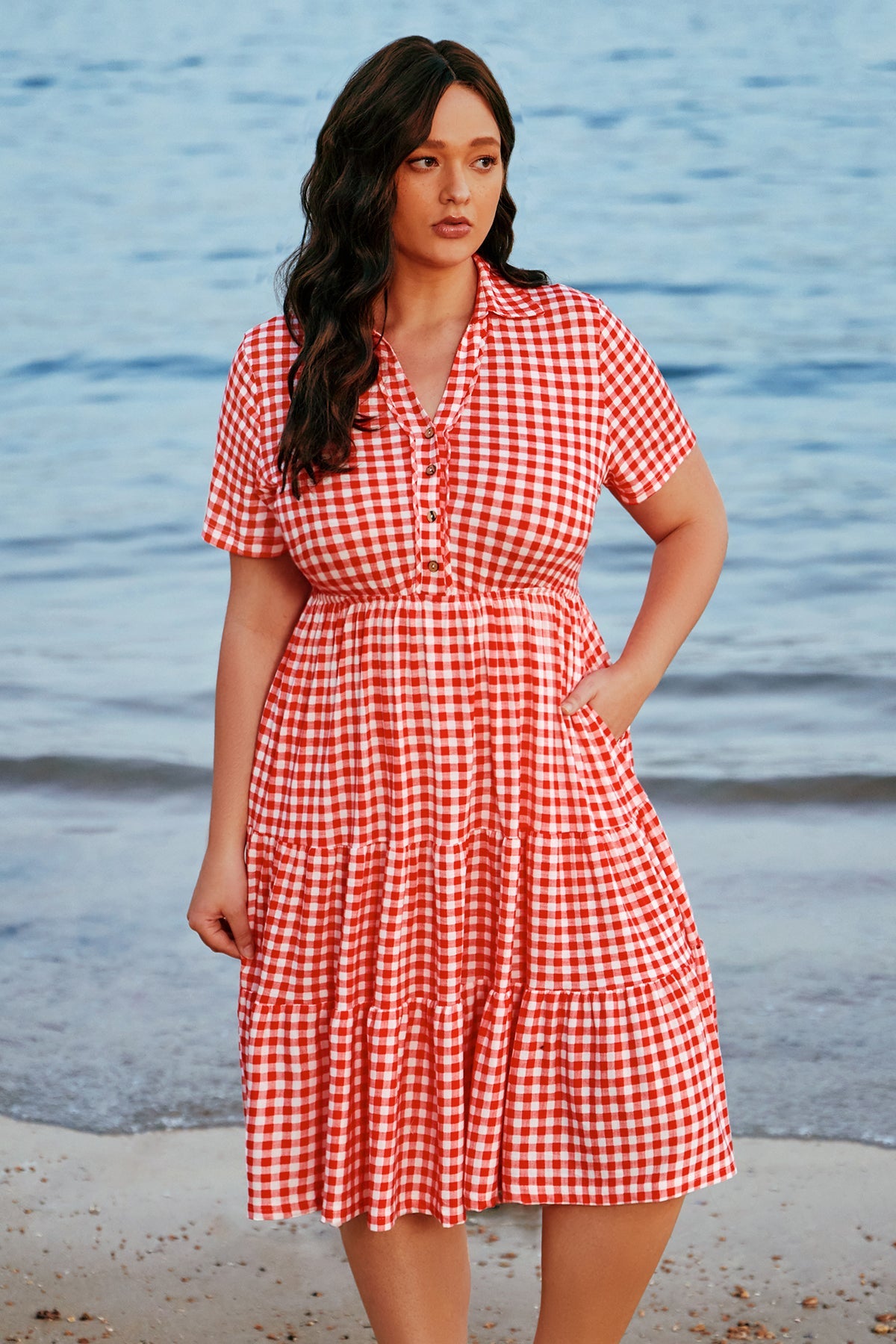 Pockets Elastic Floral Midi Shirt Dress