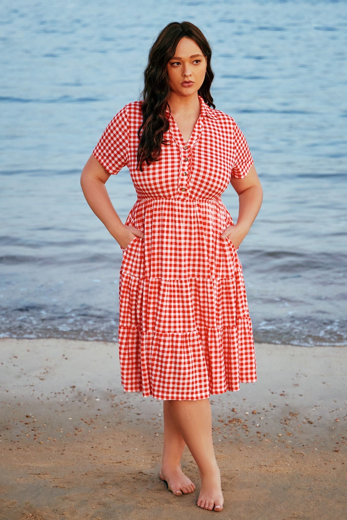 Pockets Elastic Floral Midi Shirt Dress