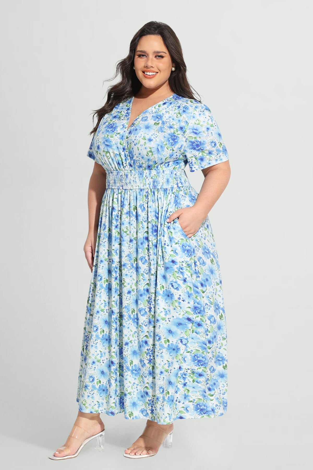 Ritera Pockets Smocked Waist Floral Print A-line Maxi Dress