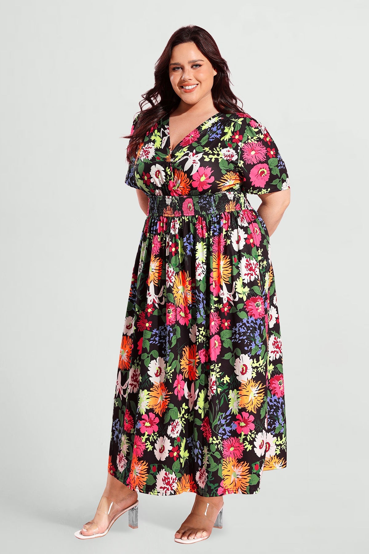 Ritera Pockets Smocked Waist Floral Print A-line Maxi Dress