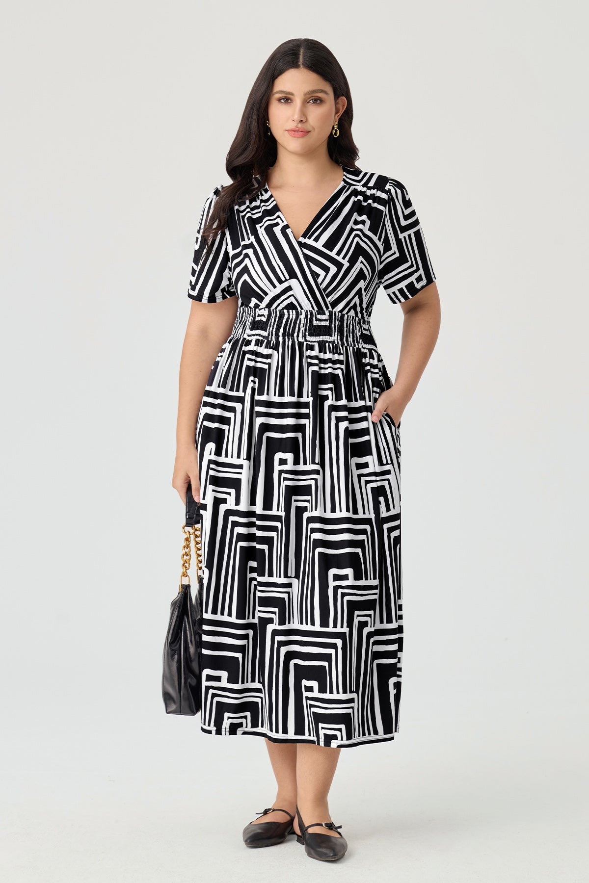 Geometric Print Smocked Waist V-Neck Midi Dress